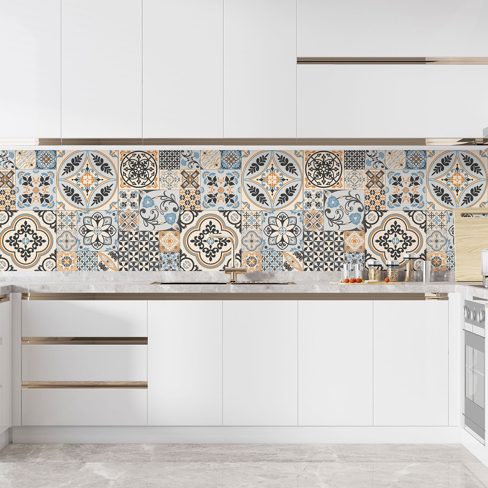Crédence adhésive sticker décoratif pour cuisine - Effet carreaux de ciment - Adhésif MAT - 60x90 cm - 3