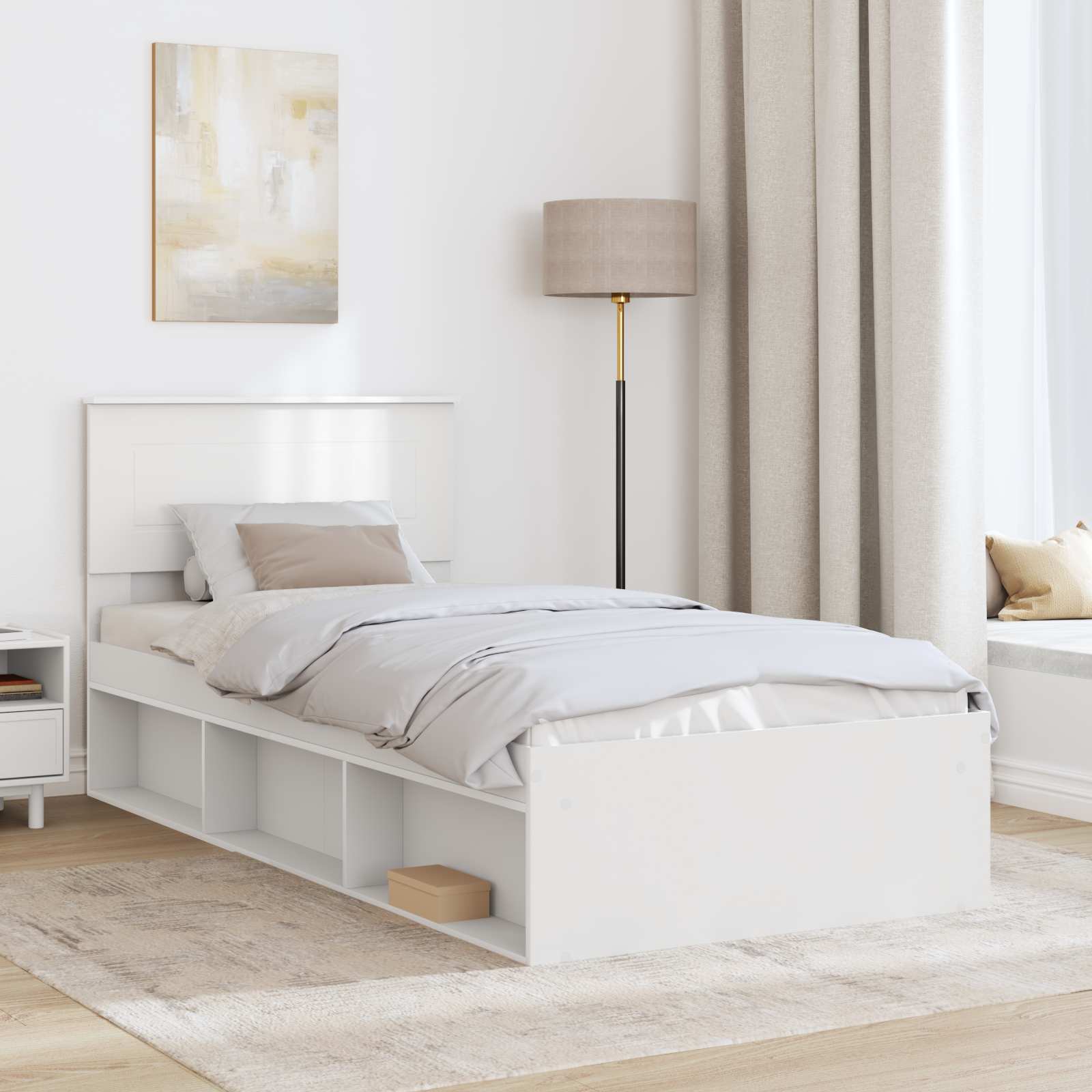 Cadre de lit blanc en panneau de bois pour la chambre, 90 × 190 cm - 3