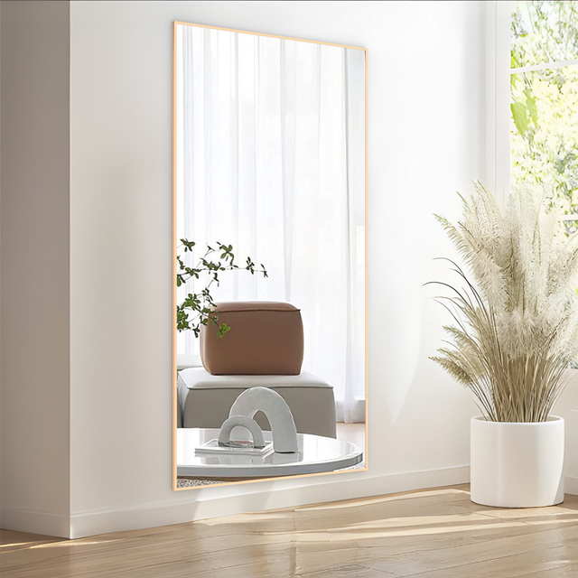 Espejo rectangular grande de 180 x 80 cm, espejo de cuerpo entero, espejo de dormitorio de pie o de pared, marco de aluminio, espejo dorado