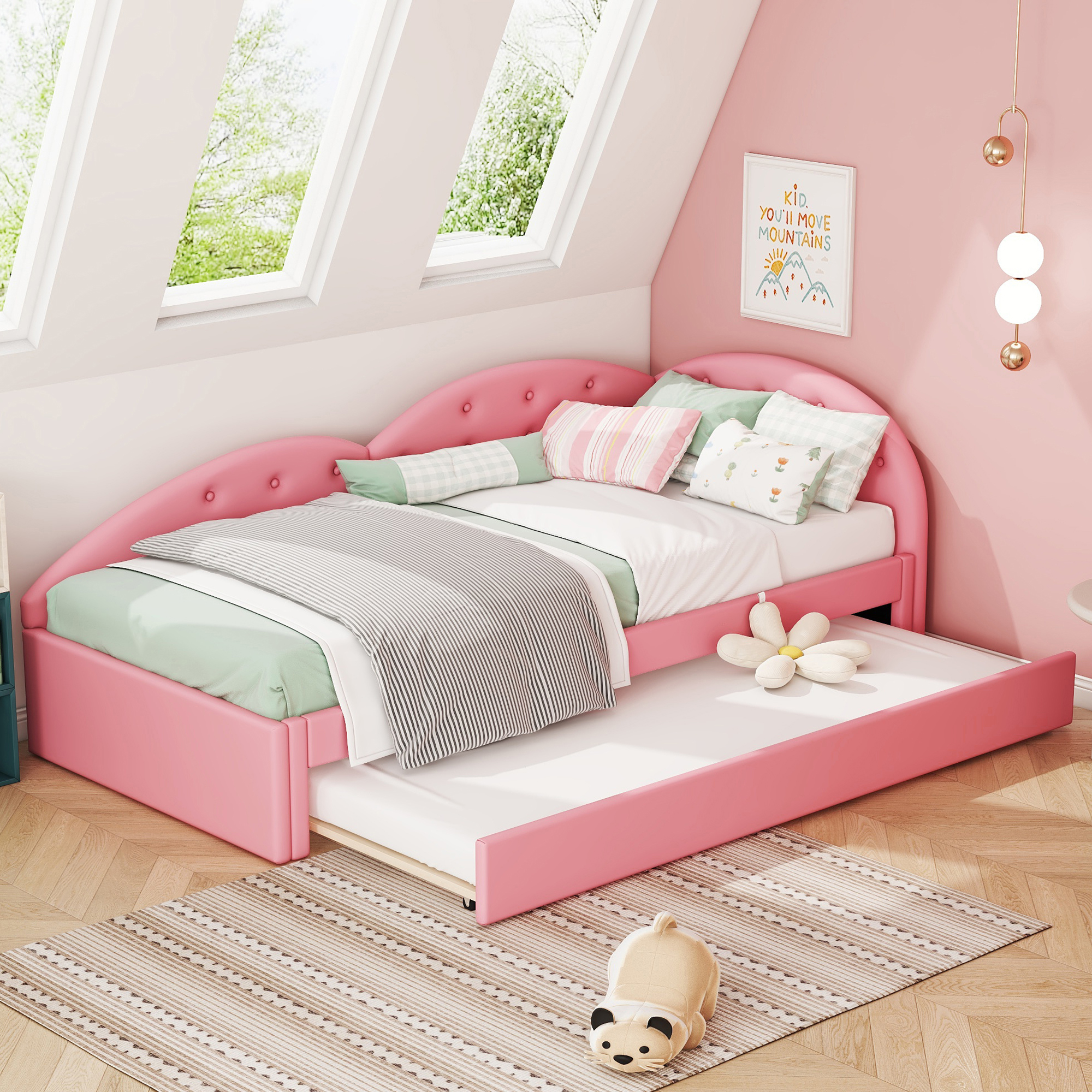 Cama Nido Tapizada Rosa Pastel 80x200 Cm - Con Somier Y Cabecero De Terciopelo - Estilo Libourne