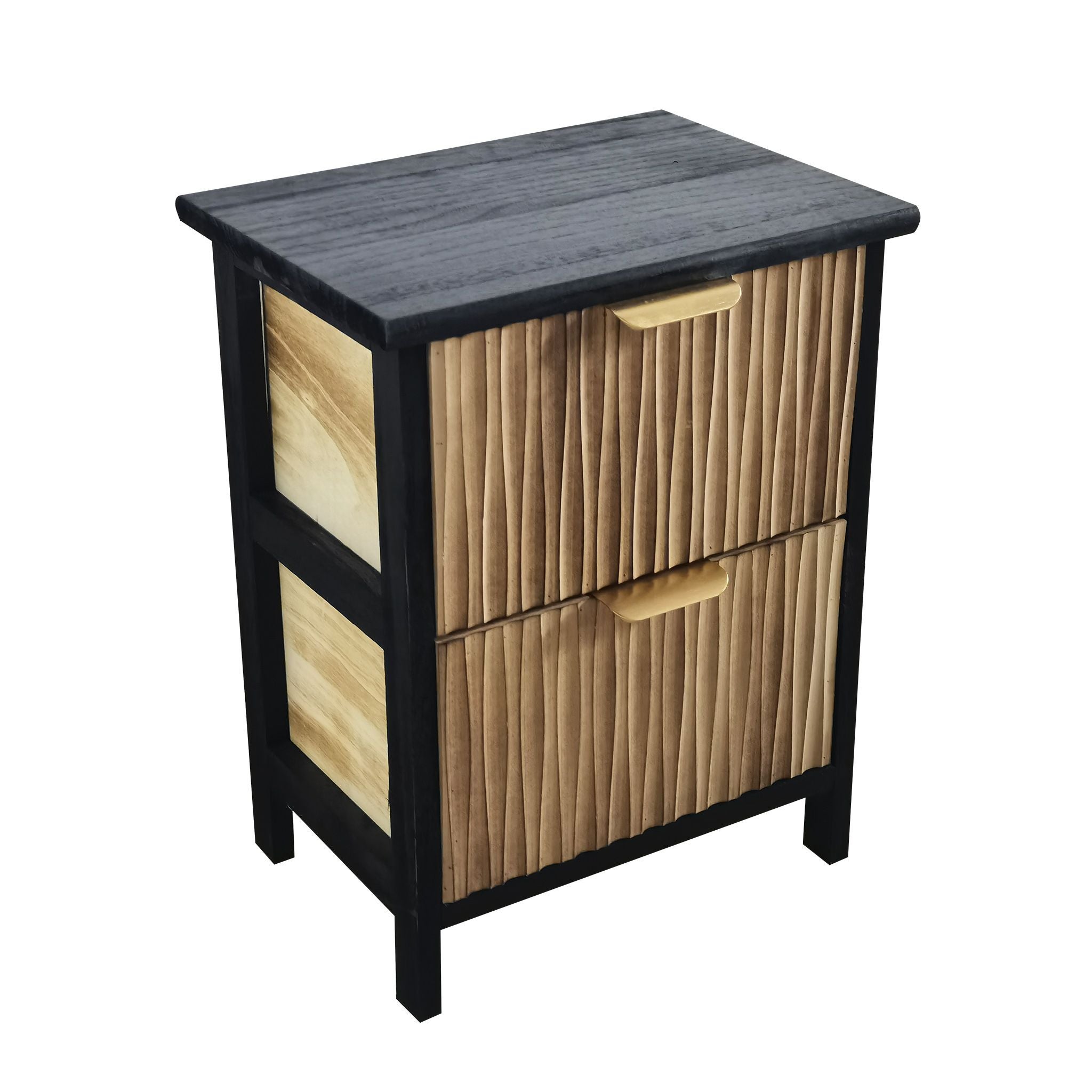 Mobiletto In Legno Con 2 Cassetti, Design Moderno, Struttura Naturale E Cassetti Neri Con Maniglie Dorate, 34x25x43,5 Cm, Per Camera E Ingresso