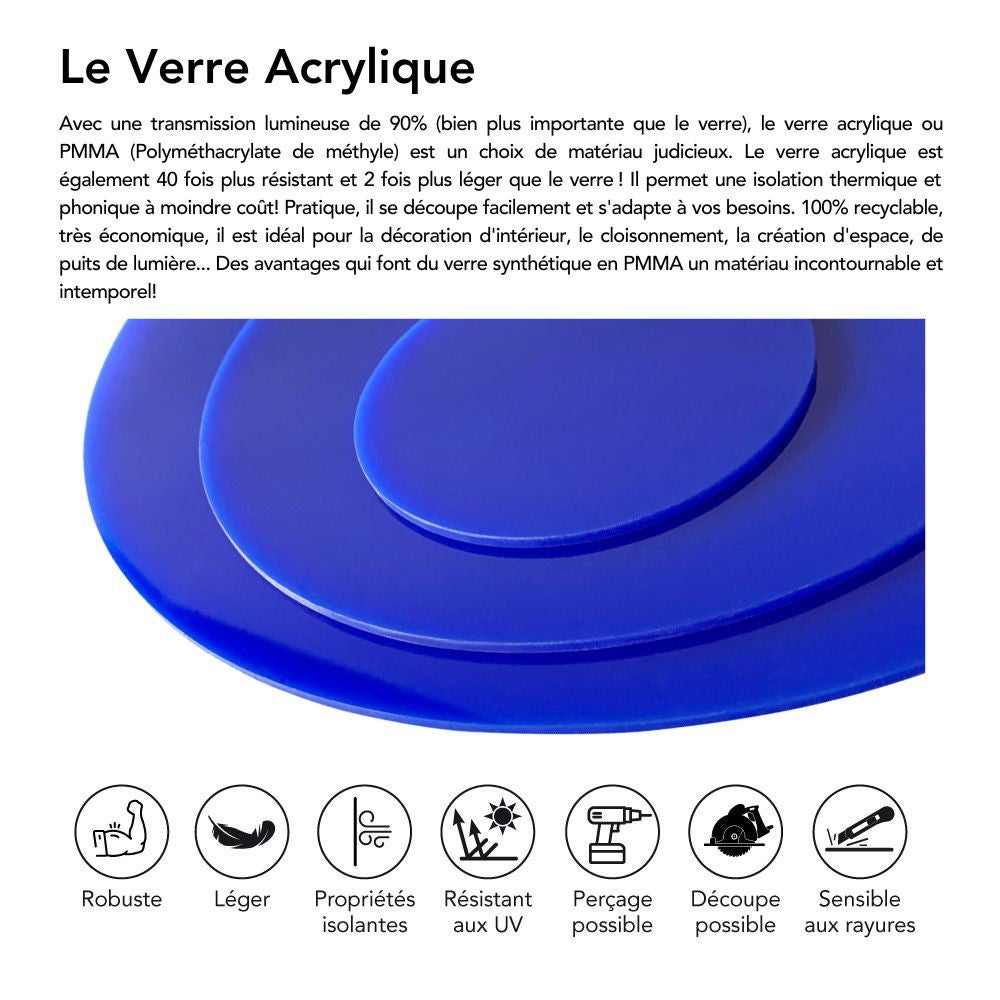 Rond verre acrylique bleu 3 mm - Diamètre 60 cm (600 mm) - Disque verre synthétique - Plaque PMMA XT - 3