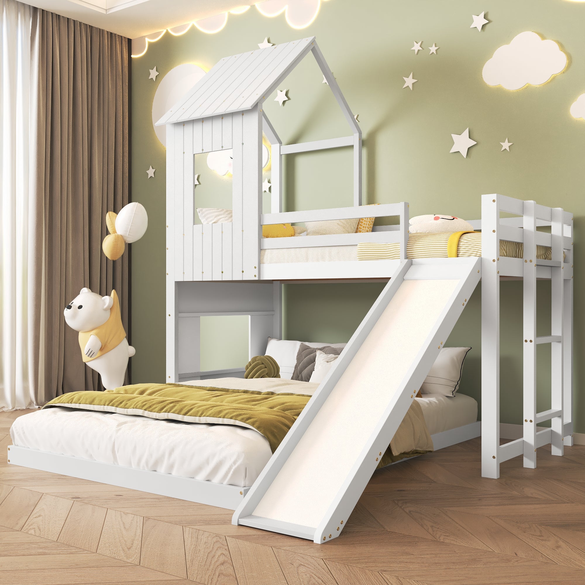 Lit superposé 140(90)x200 cm,3 places, lit maison avec Fenêtre, lit enfant avec toit et toboggan, 2 sommiers à lattes, pin + MDF, blanc - 3