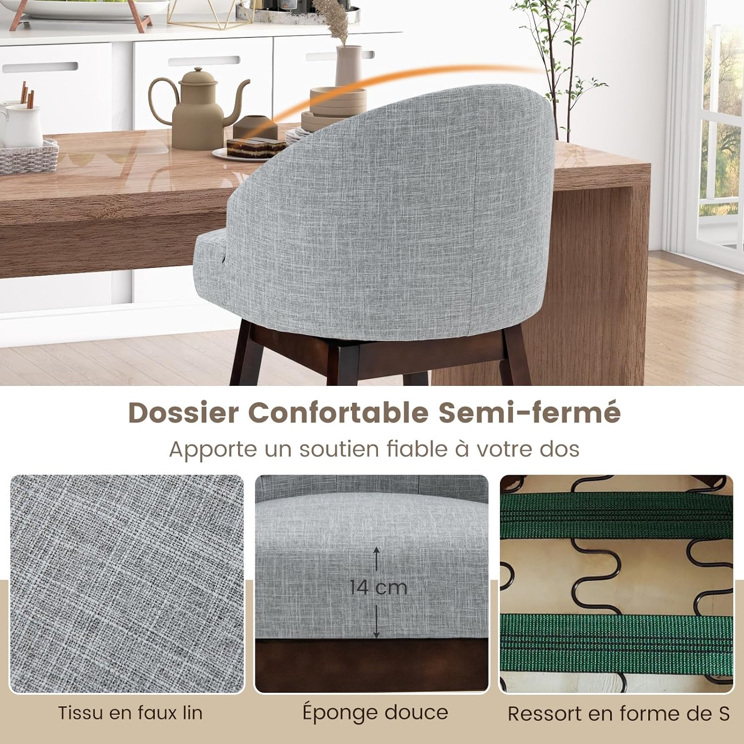 Set di 2 Sgabelli da Bar, Sgabelli con Gambe in Legno di Gomma e Schienale Imbottito, Sgabelli da Bar Girevole, Ideale per Bar, Cucina, Soggio - 5