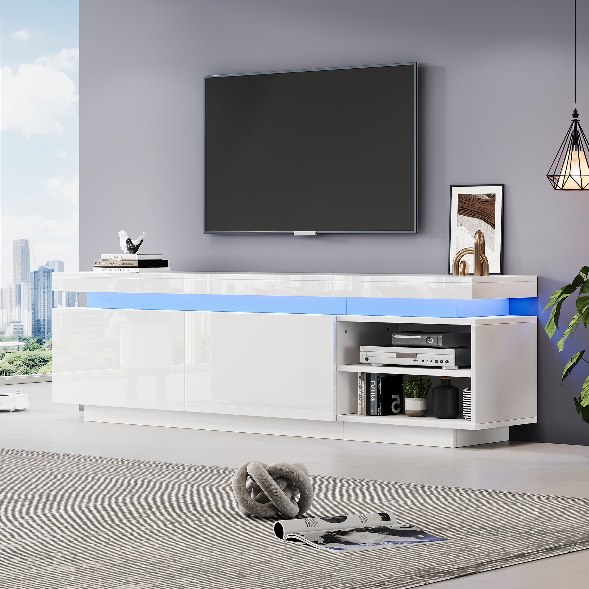 Meuble TV 120 Cm Avec éclairage LED RGB - Support TV 43-50", étagères Verre, Placard Rabattable - Blanc Brillant Pour Salon