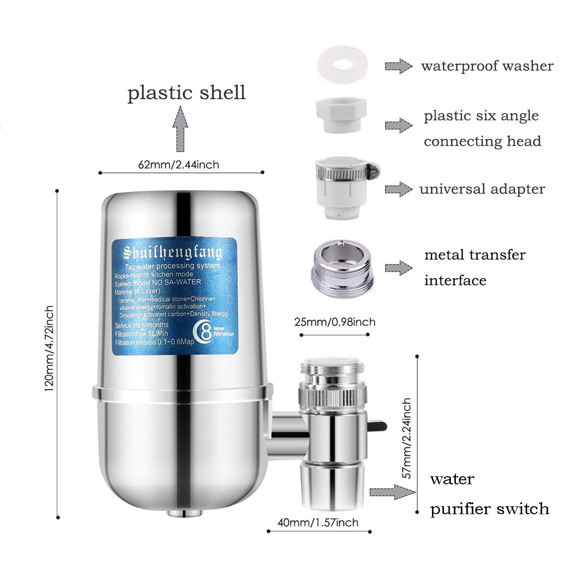 Filtre à eau pour robinet d'évier de cuisine, purificateur d'eau avec 3 convertisseurs, 8 niveaux de nettoyage, pour robinets standard - 2