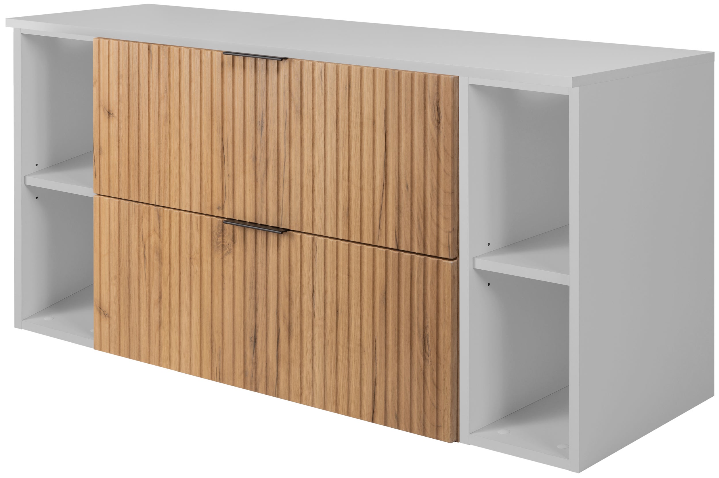 Szafka łazienkowa FLOW 120 cm dąb craft z regałami biała blat ryflowany front