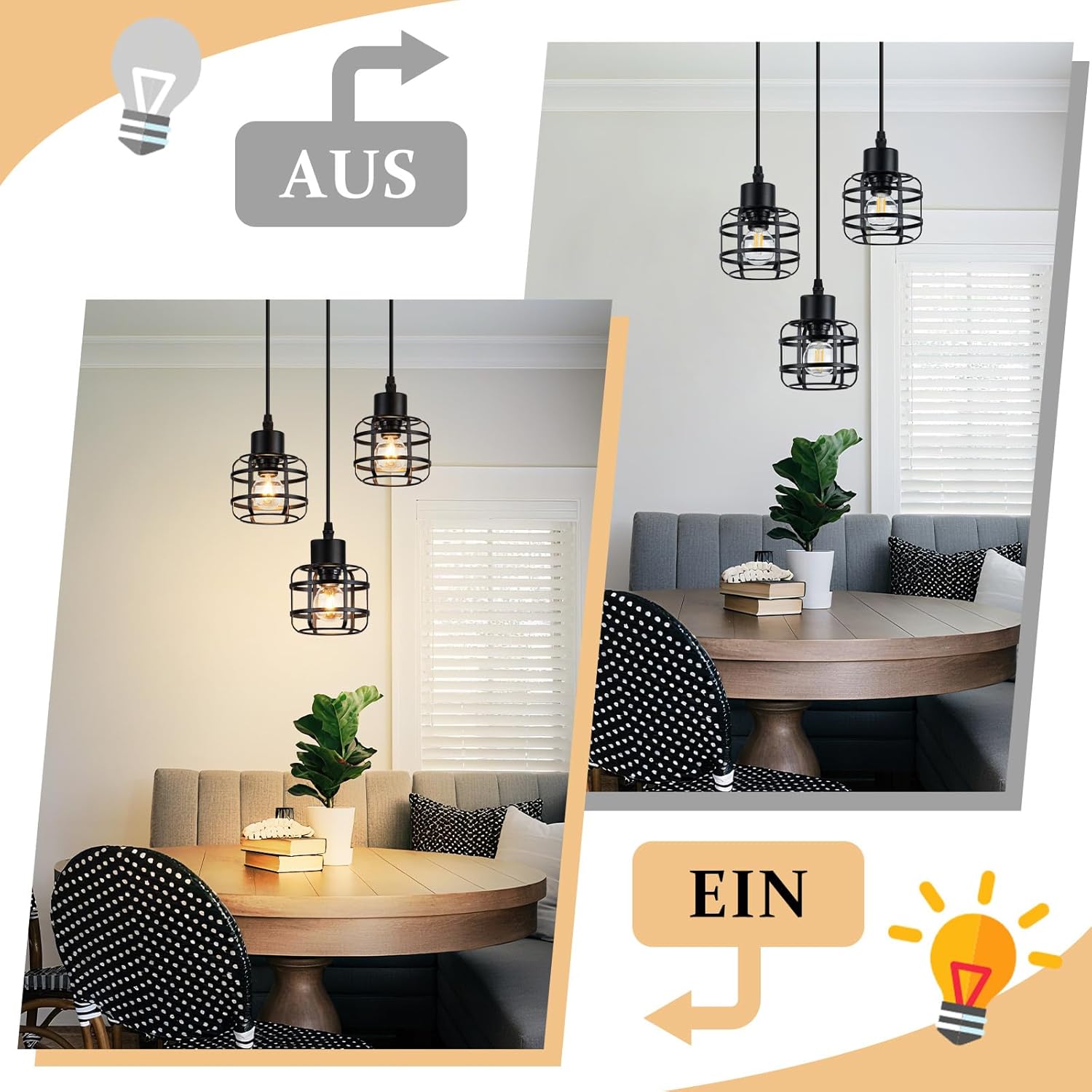 Lampa wisząca Nettlife Vintage z trzema żarówkami – czarny metalowy żyrandol E14 w stylu retro – regulowana wysokość (żarówki nie są dołączone) - 8