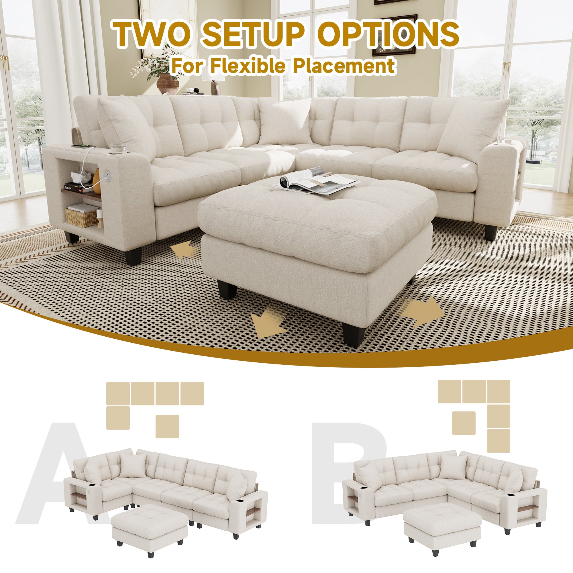 Canapé d'angle modulaire XXL en forme U, canapé 6 places en tissu chenille, avec accoudoirs fonction bibliothèque, beige - 5