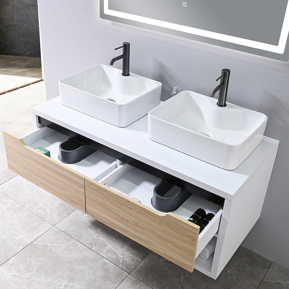 LuxuryBain- Meuble de salle de bain double vasque 120cm bois et blanc avec miroir LED LB-8153-120 - 3