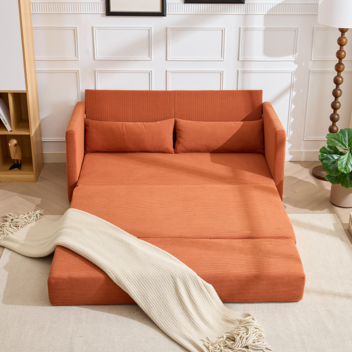 Sofá cama moderno laranja 2 lugares, tecido poliéster, braços quadrados, com almofadas lombares e bolsos, ideal para sala de estar - 9