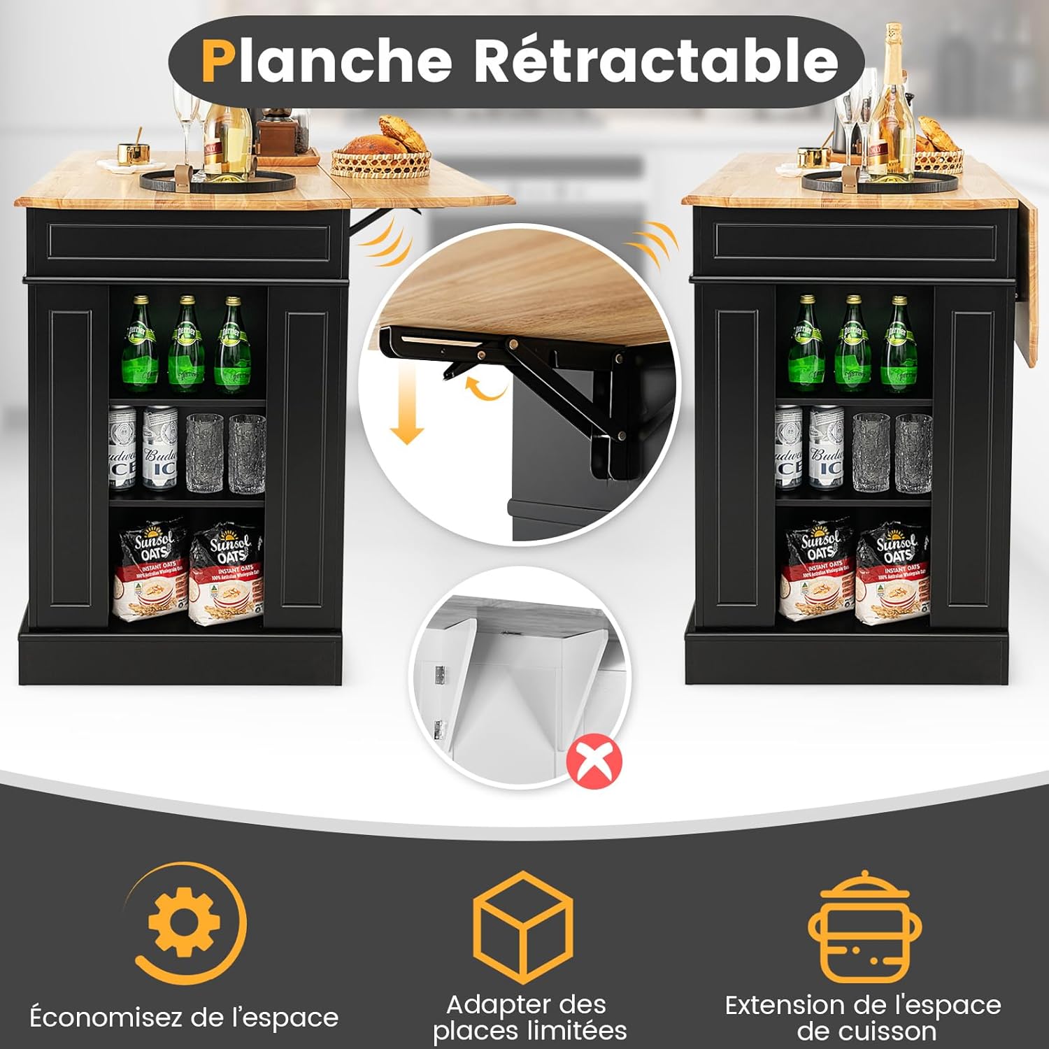 Ilot Central Cuisine Comptoir en Bois d'Hévéa Pliable, Étagères Réglables , 61 x 120 x 92 cm, Noir - 6