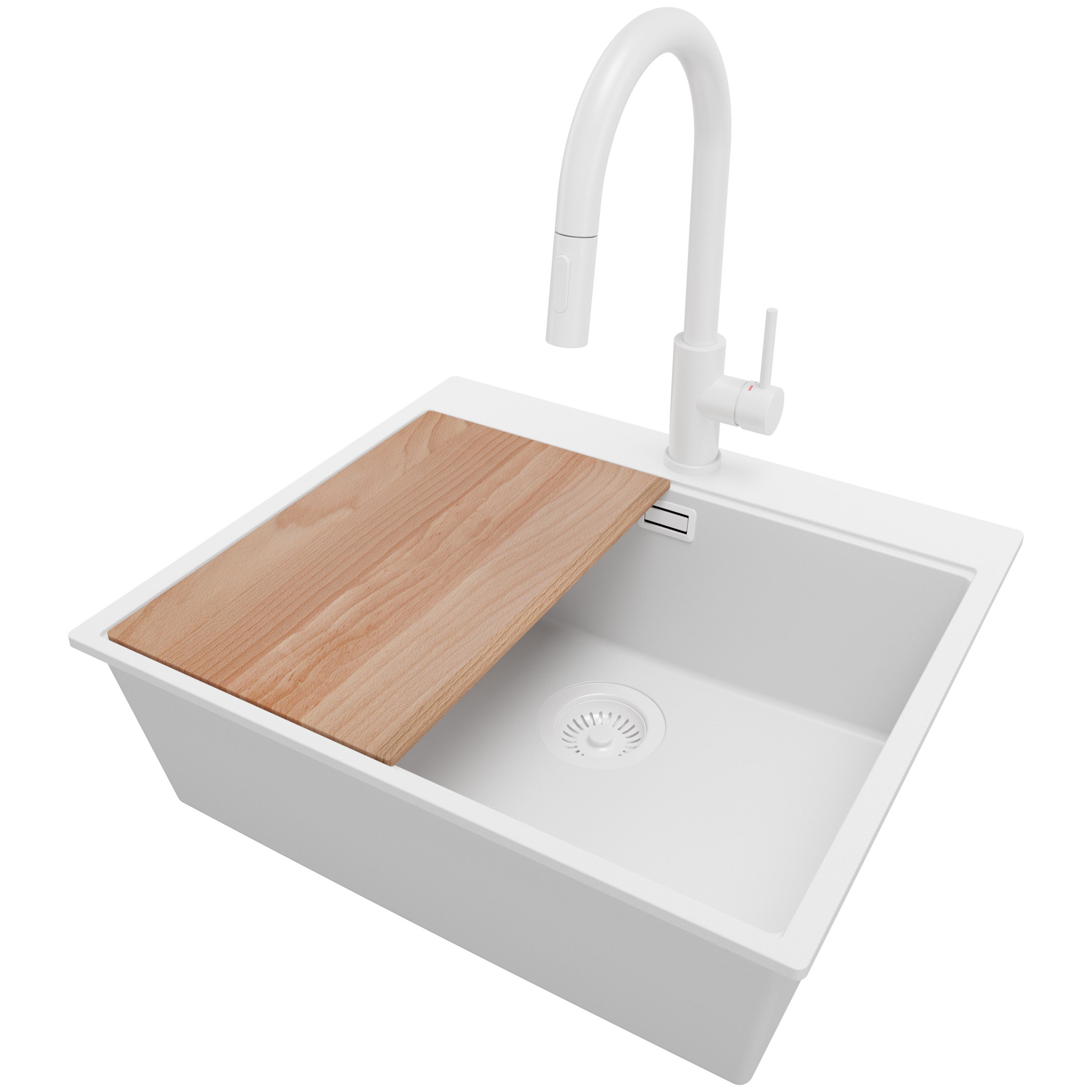 Zlewozmywak Granitowy Cały Biały 58x50cm, Zlew Kuchenny 1 Komorowy + Bateria 40x20cm + Syfon + Deska, Nablatowy do szafki od 60cm - Oslo PRIMAGRAN