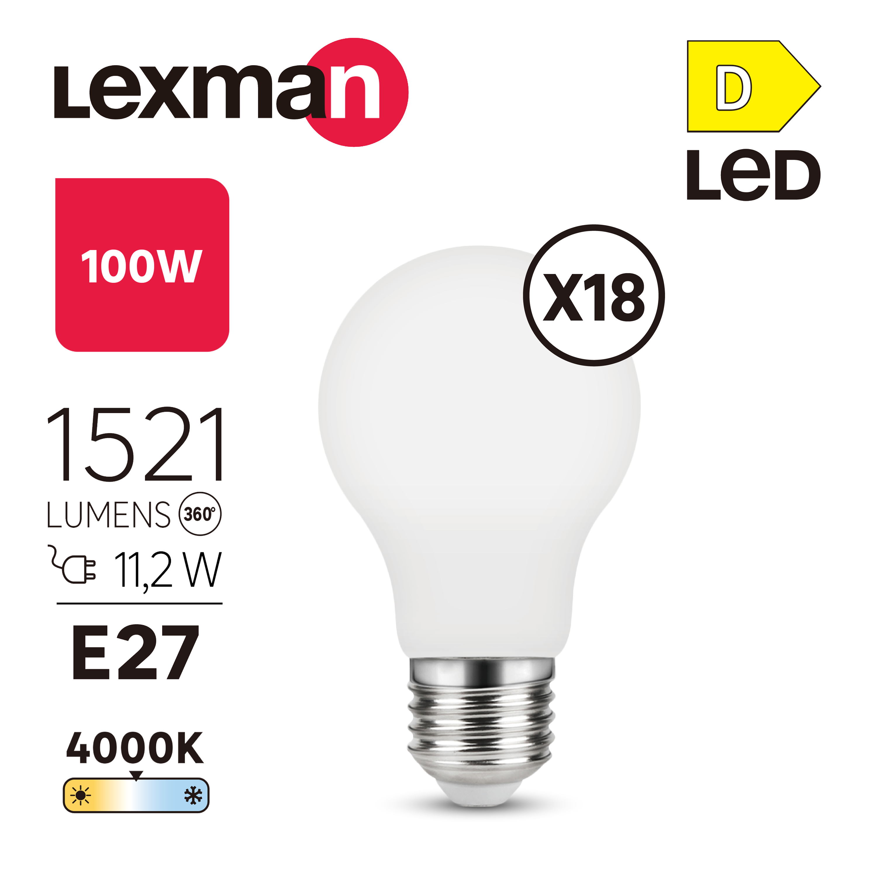 LEXMAN - Lot de 18 Ampoules LED opaques - E27 - 1521LM - 11,2W équivalent 100W - Ø 60 mm - 4000K - Blanc naturel - 8