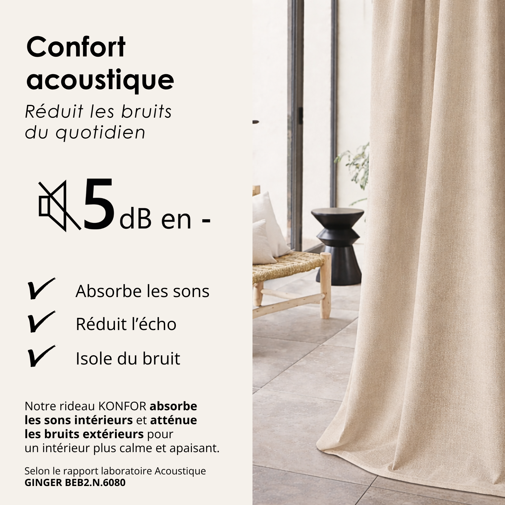 Rideau thermique phonique et semi occultant KONFOR - Beige - 140x300 cm - Flanelle/Polyester - 7