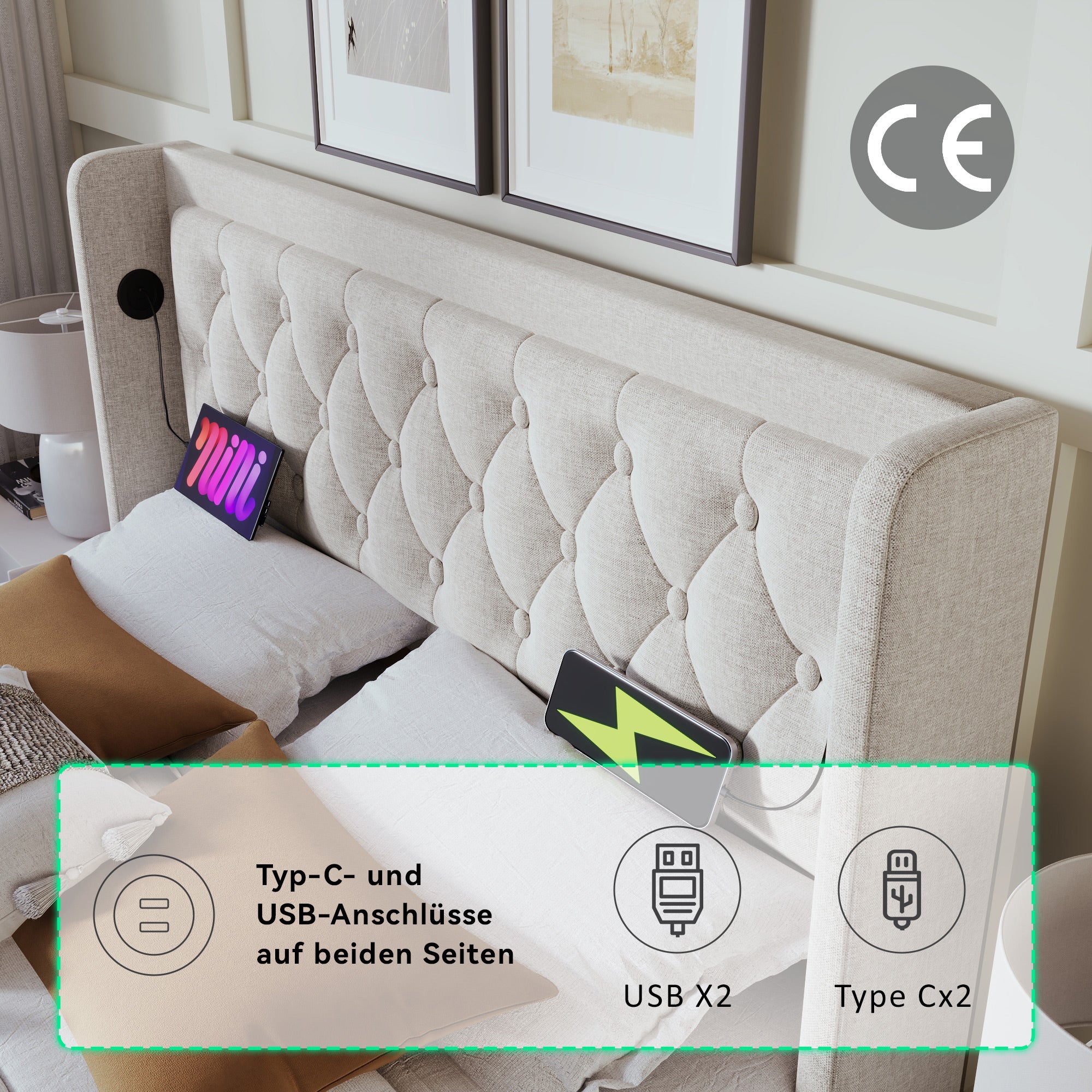 Łóżko Double 160x200 cm z materacem - Poduszka głowieniowa z wypełnieniem USB-C - Drewno bawełniane Beige - Łóżko z hydraulicznym przechowywaniem - 6