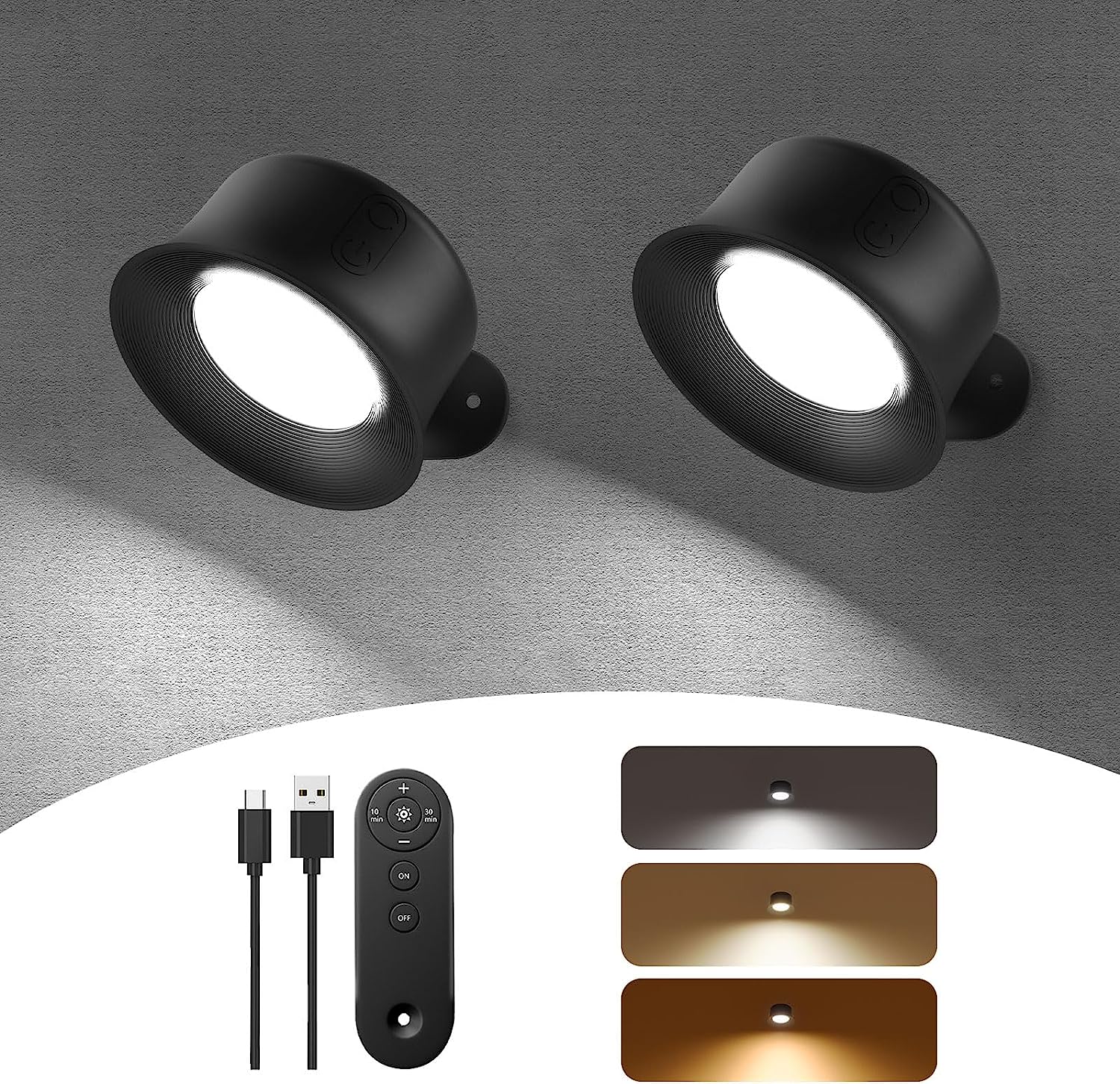 2 luces de pared, aplique de pared led, 3 temperaturas de color y brillo regulables al tacto, lámpara de lectura de pared