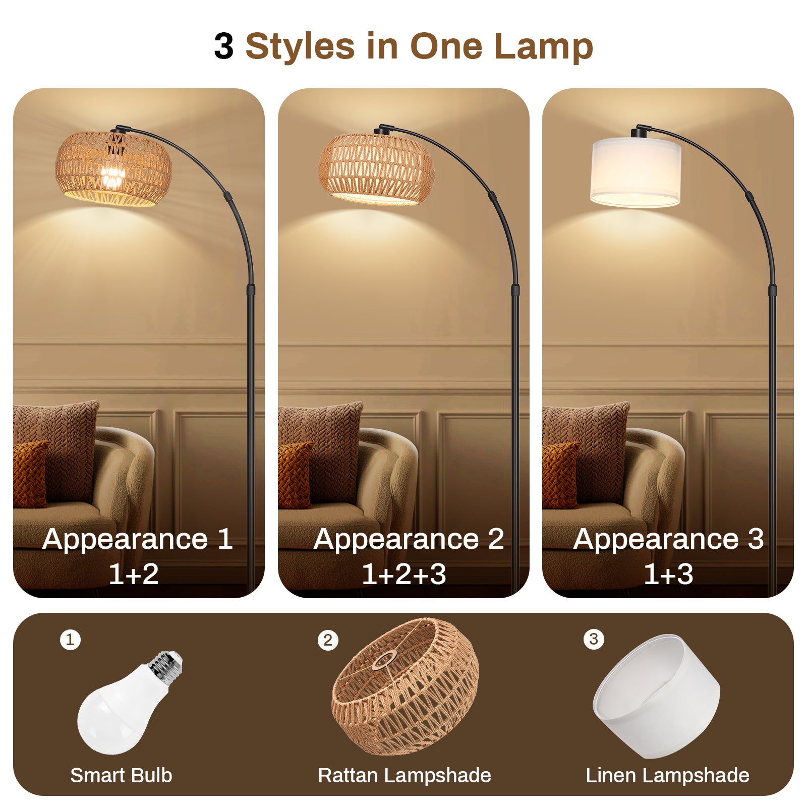 Lampadaire en rotin réglable avec télécommande – design boho, lampe de salon LED avec étagère, interrupteur au pied - 3