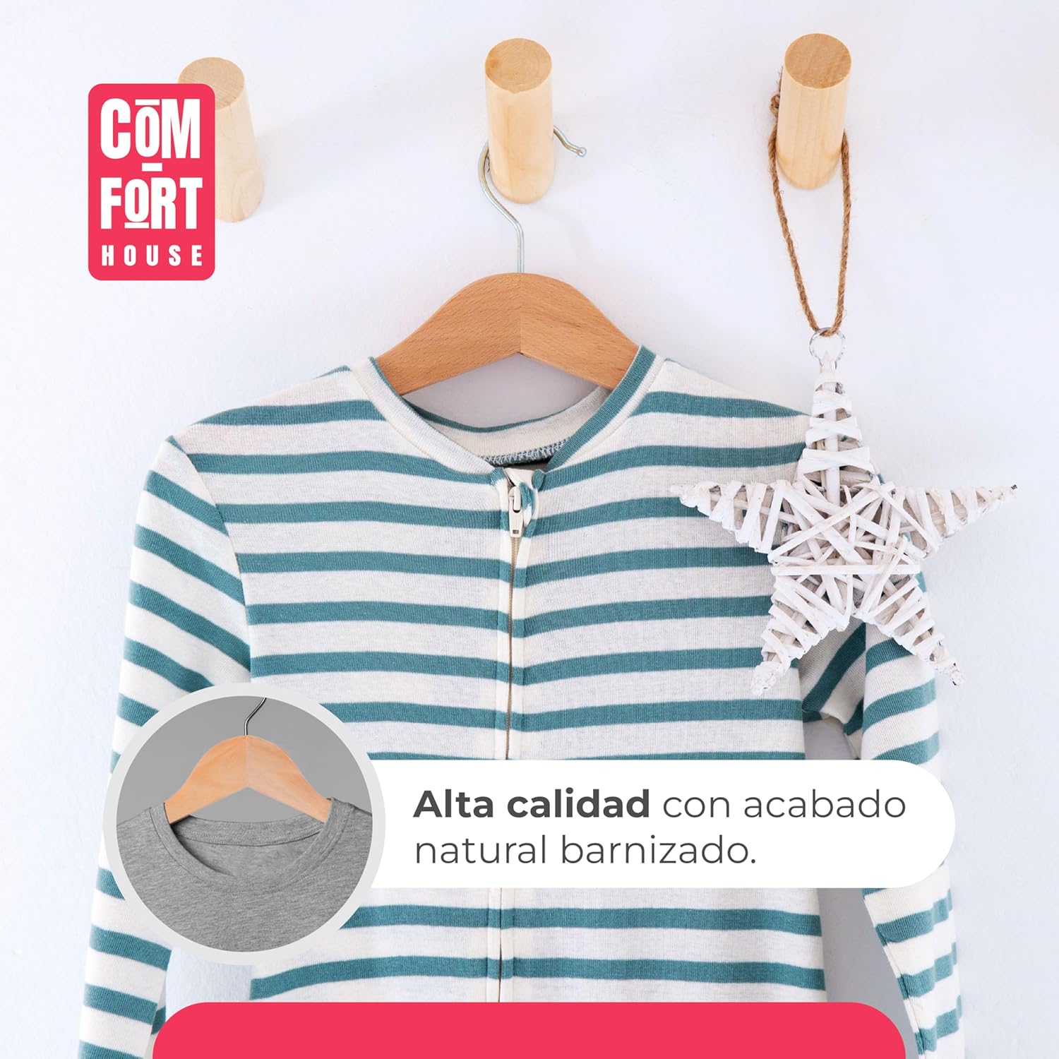 Lot de 20 Cintres en Bois Massif Couleur Naturelle avec Crochet Pivotant à 360° et Encoches Antidérapantes - 7