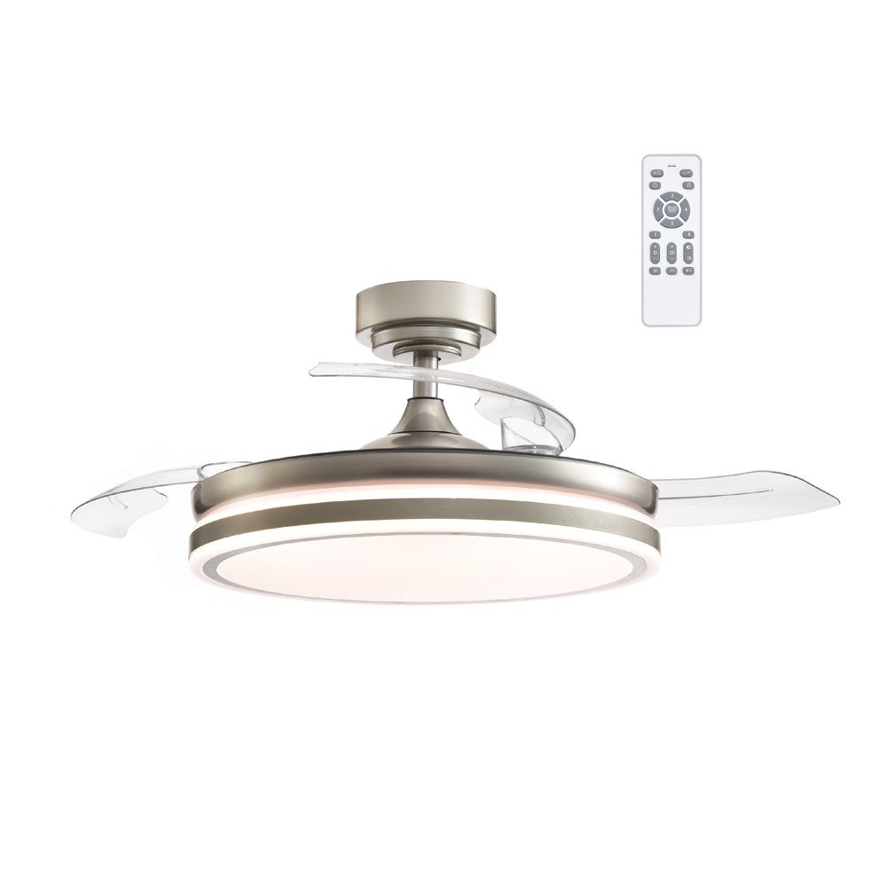 Ventilator de tavan retráctil cu lumină motor silențios DC cu telecomandă Wonderlamp Perla nichel 106 cm culoare lumină reglabil