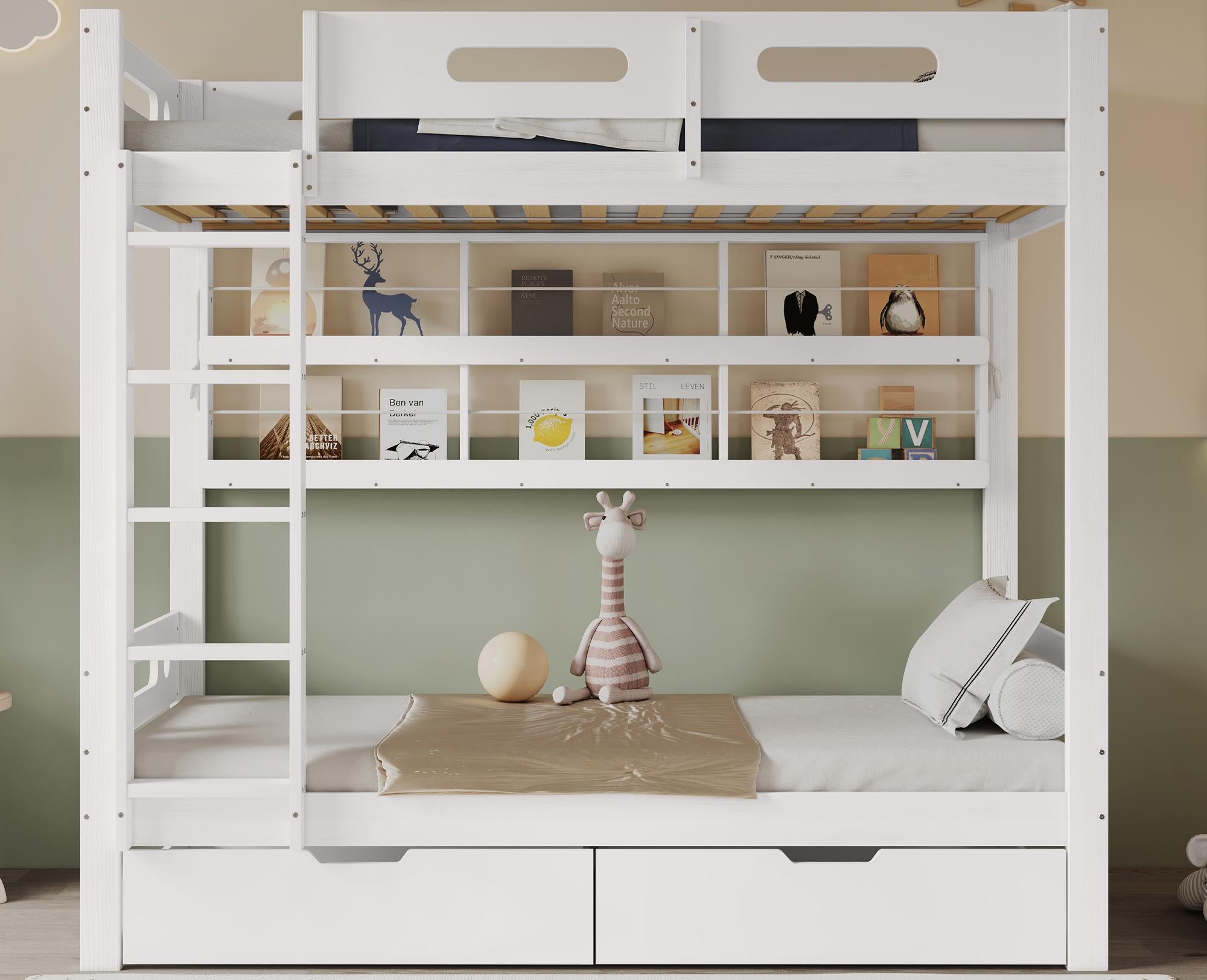 Łóżko piętrowe 90x200 cm - z 2 szufladami - z otwartymi półkami - Lite drewno + MDF - Biały (bez materaca)