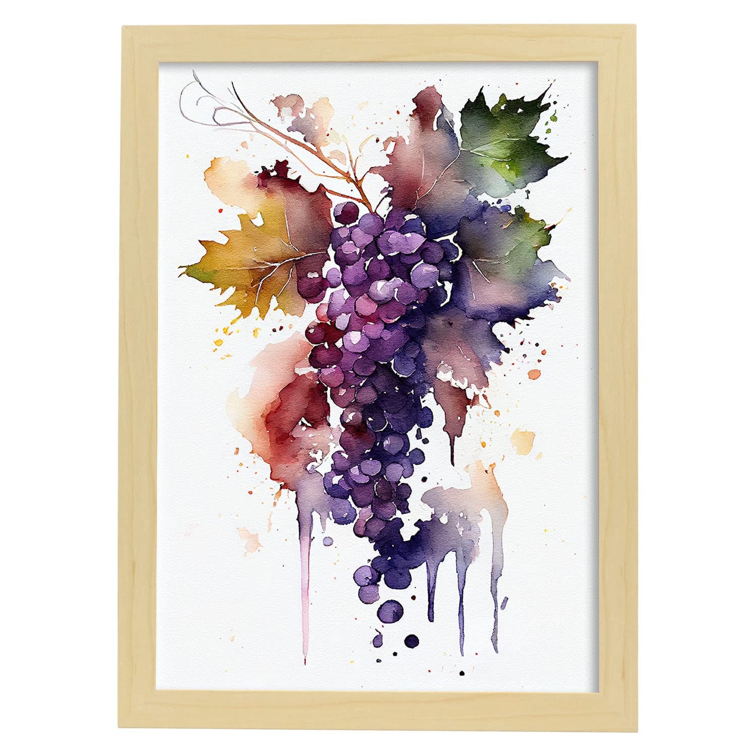 Nacnic poster de uvas a todo color ilustraciones de frutas verduras y comida sana en estilo acuarela y modelo 1 a4 con marco de madera clara