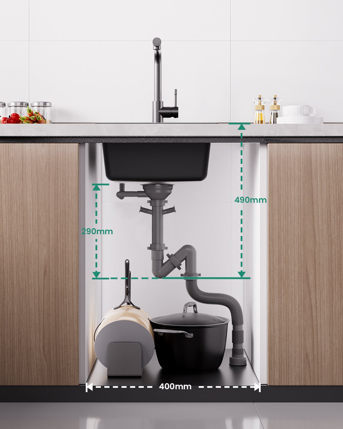 Évier Cuisine en Granit ,Évier à Encastrer 50*45cm ,Évier 1 Bac Noir , Kit de Vidage - 3