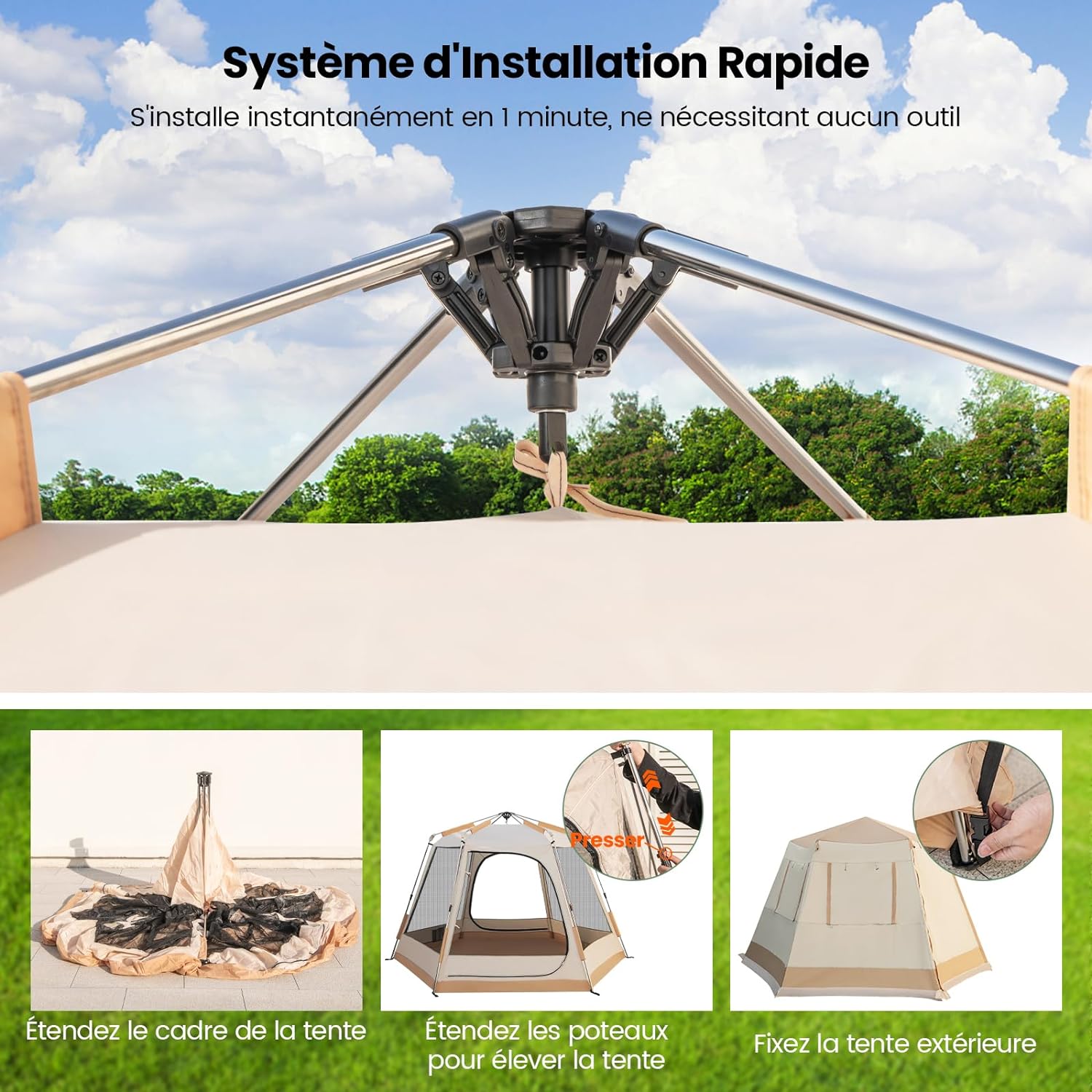 Tente de Camping Instantanée avec Support Automatique pour 4-6 Personnes - 5