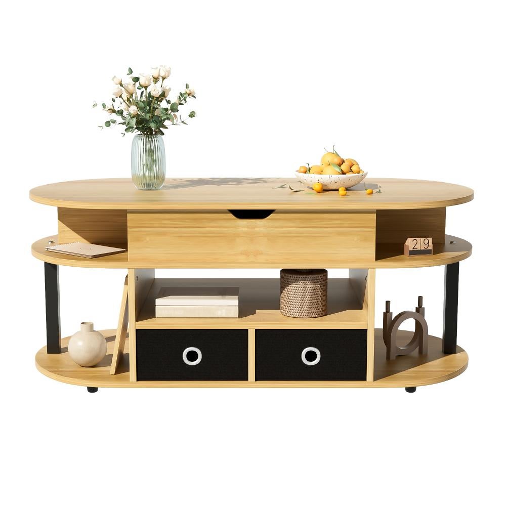 Table Basse Moderne Veines de Bois : avec Fonction Relevable, Espace de Rangement & Tiroirs en Tissu Noir, Polyvalente pour Salon & Bureau - 5
