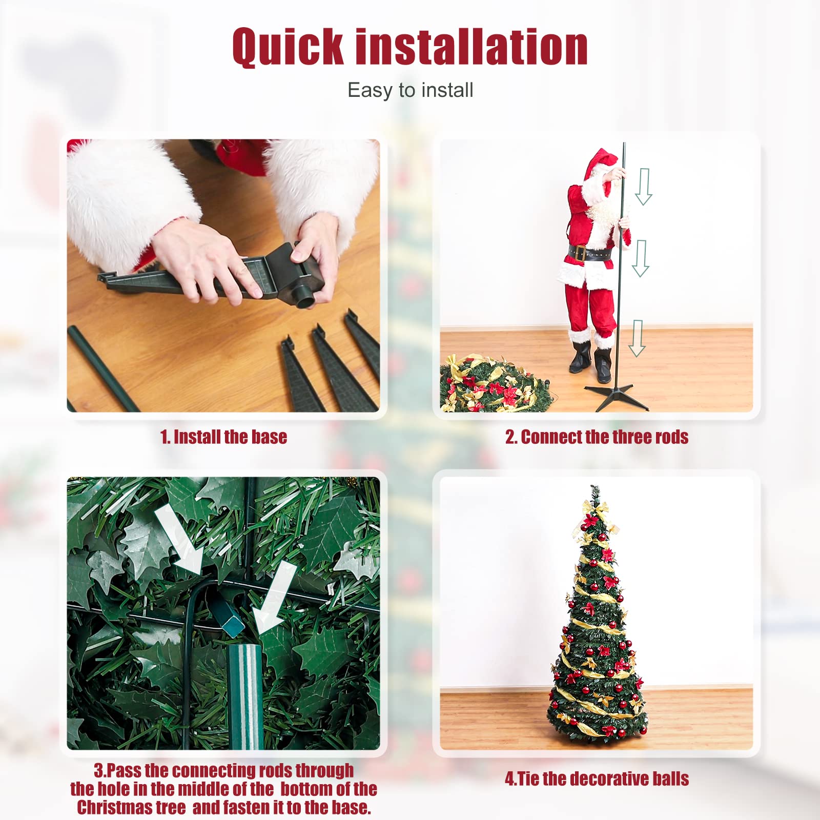Sapin de Noël portable, sapin de Noël pliable pré-décoré, décorations de Noël pop-up, lumières LED aux tons chauds, 150 cm - 9