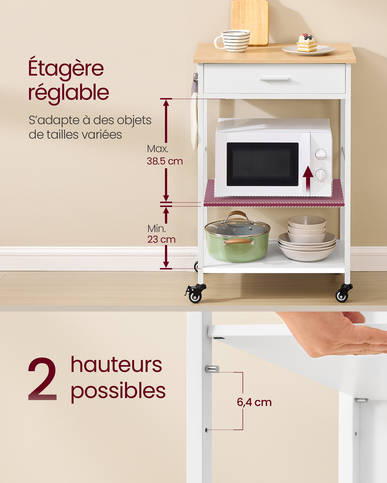 Desserte de Cuisine à Roulettes, Îlot de Cuisine Mobile, 45 x 60 x 90 cm, avec Tiroir, 2 Crochets, pour Salle à Manger, Beige Chêne et Blanc Mat - 4