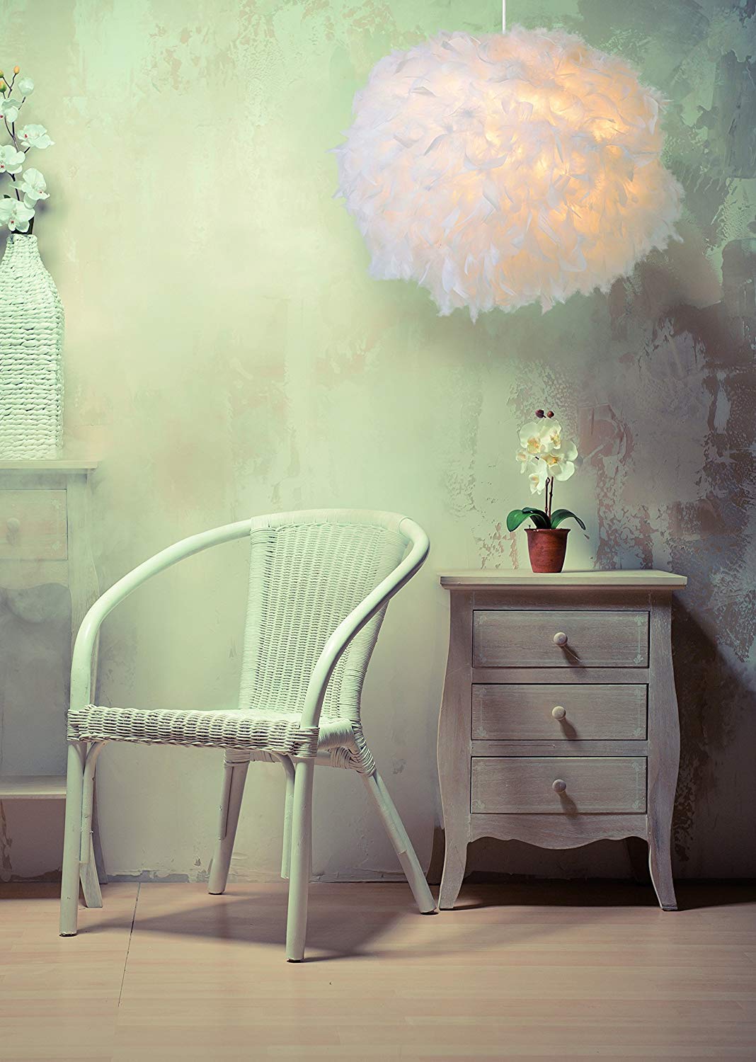 Plafonnier en plumes, suspension LED, suspension moderne et romantique pour chambre à coucher, idéal pour le salon, 45 cm (ampoules E27 non incluses) - 6