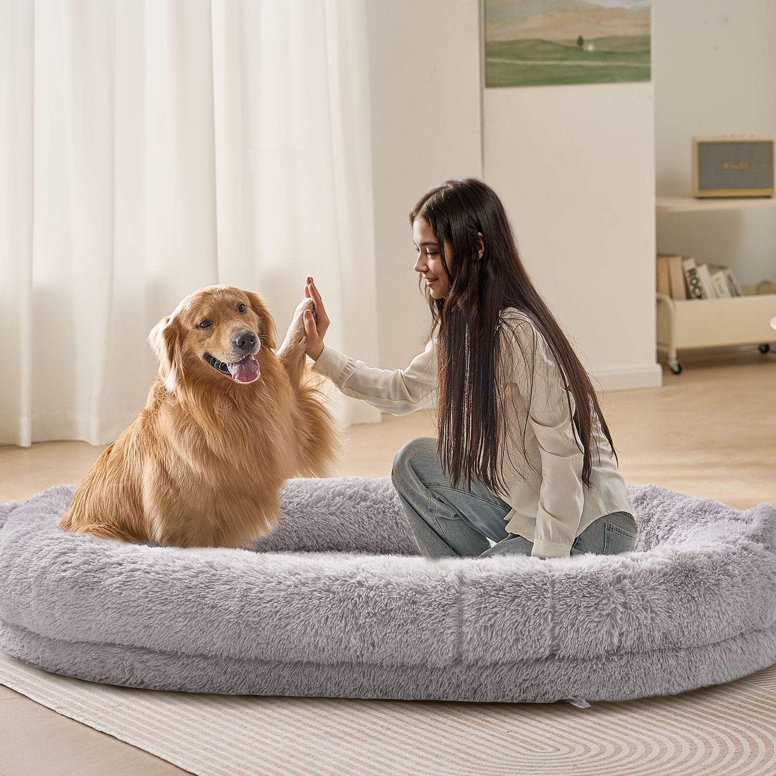 Cama para perros para personas y animales,VEVOR 182x122x25 cm,con funda terciopelo PV lavable,espuma celular,bolsa de almacenamiento,gris claro - 8