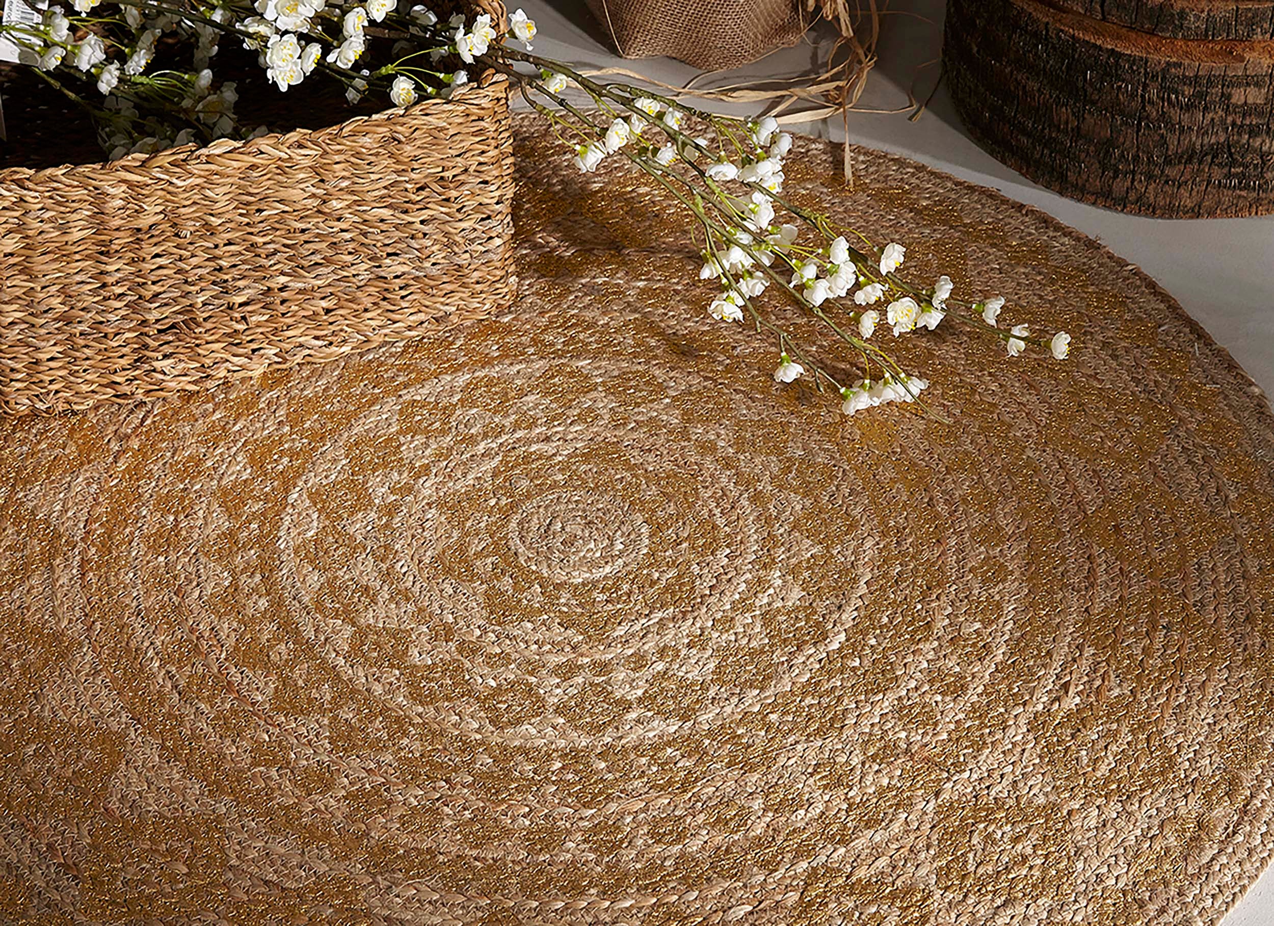 Tapis en jute imprimé GOLD Ø140 cm – Fait main, naturel, élégant avec des détails dorés - 2