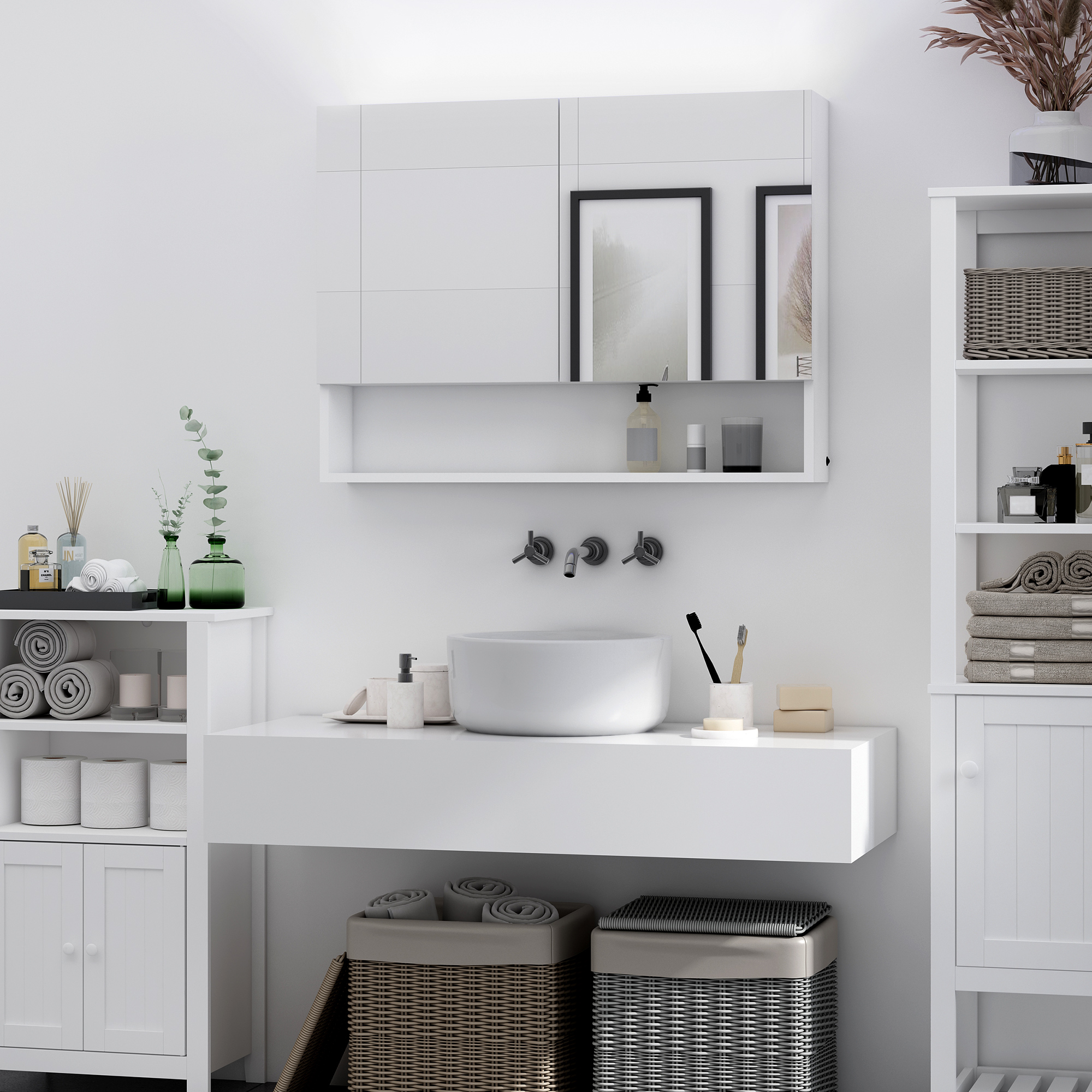 HOMCOM Armadietto con Specchio a Muro, Luci a LED, Ripiano Aperto e Ripiano Interno Regolabile, Vetro e MDF, 80x15x60cm - 2