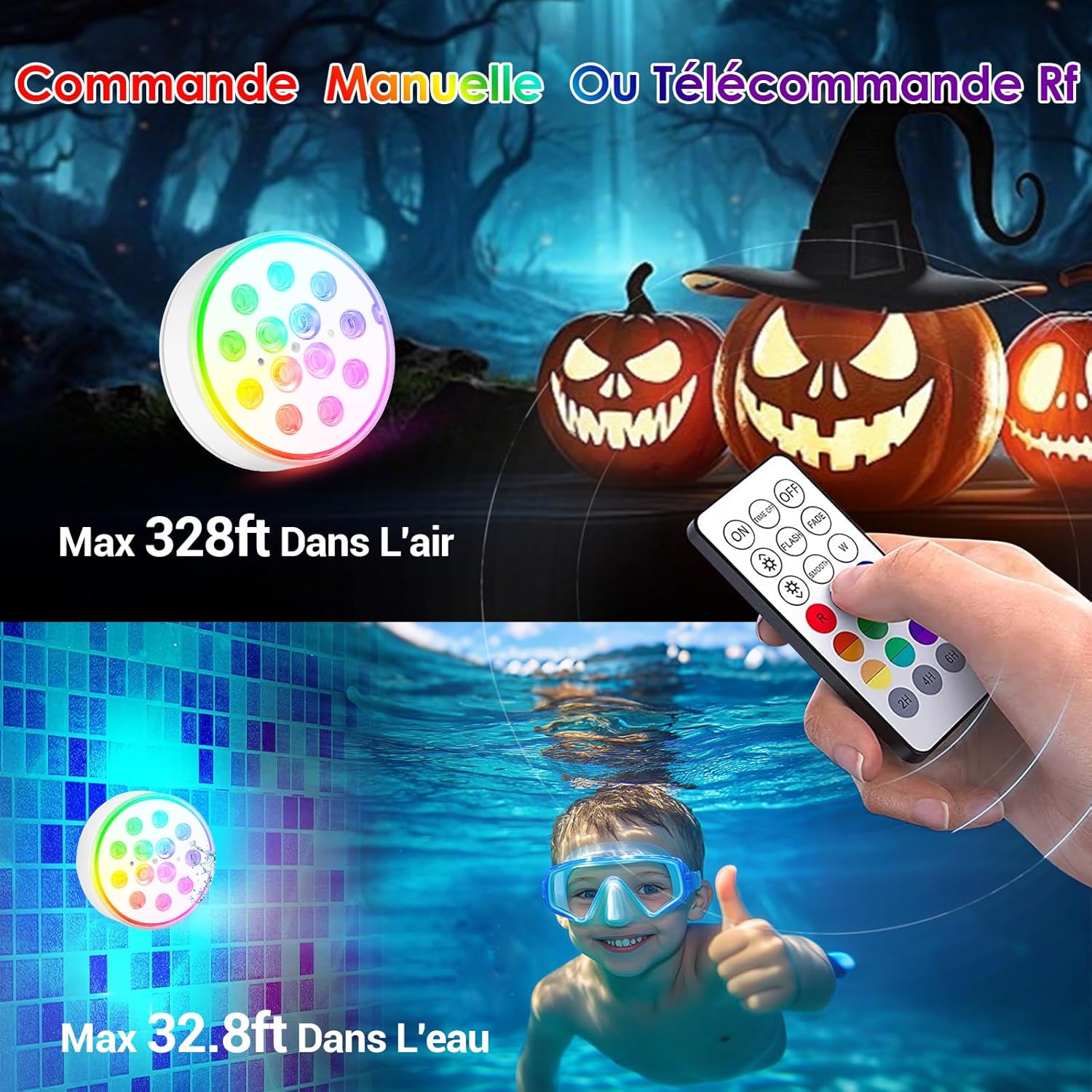 Lampe de piscine LED submersible rechargeable, 4 lumières, IP68, 16 couleurs RVB, avec télécommande, adaptée aux piscines et aquariums - 5
