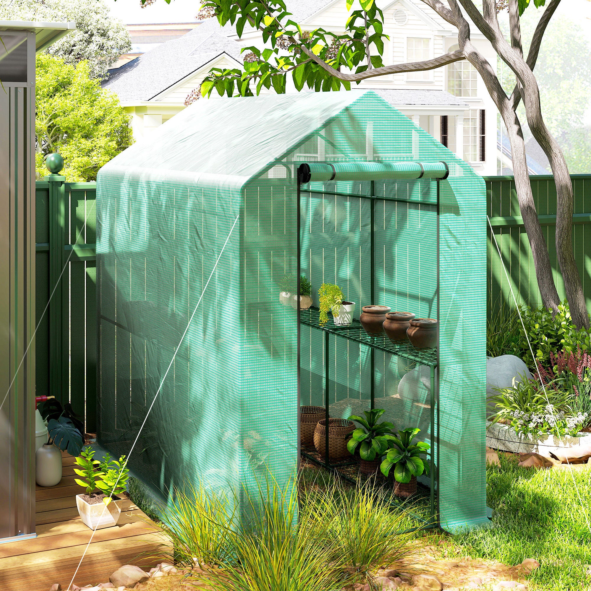 Serre de Jardin - Outsunny - étagère 2 niveaux porte zippée enroulable - bâche renforcée 140 g/m², châssis en acier - vert - 8
