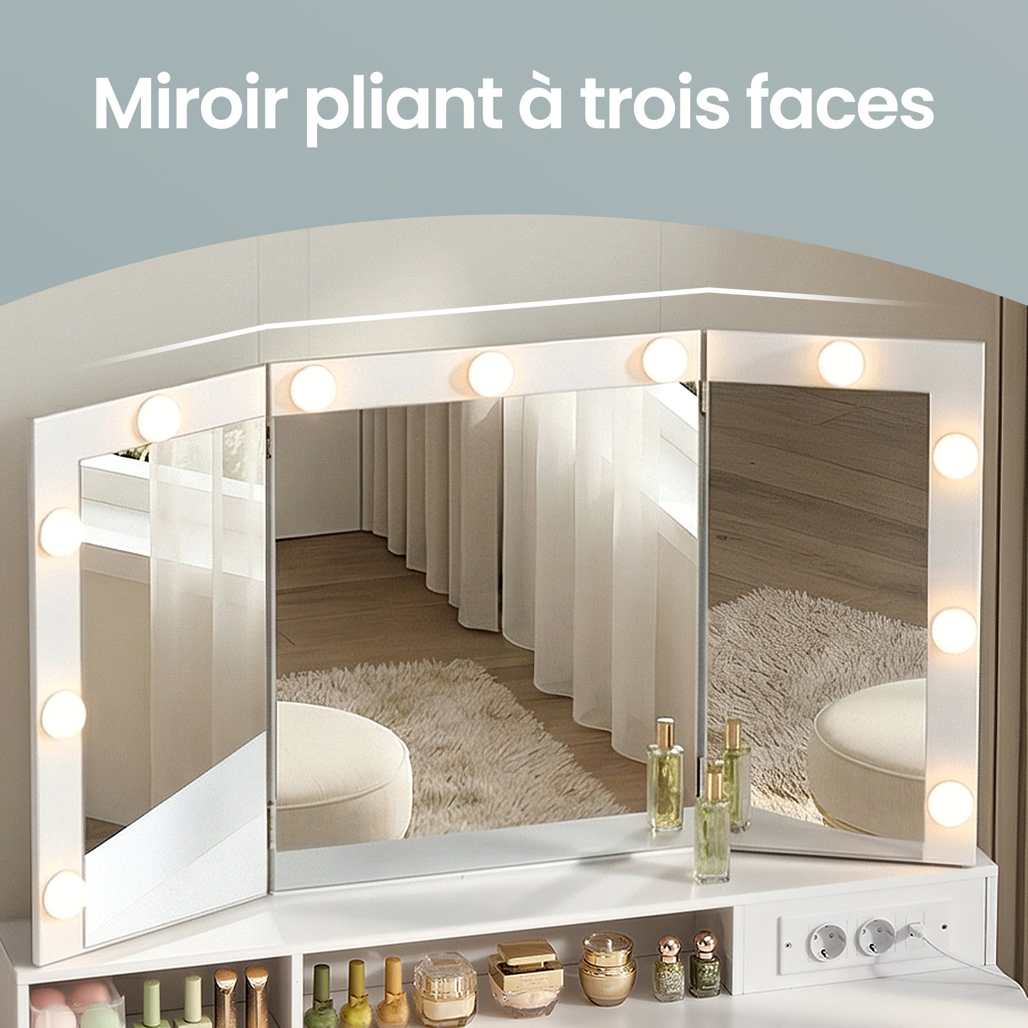 Table de Maquillage avec 9 Tiroirs, Miroir Triple Pliable, Éclairage LED 3 Couleurs, Chambre, Multiprise Intégrée, Blanc - 6