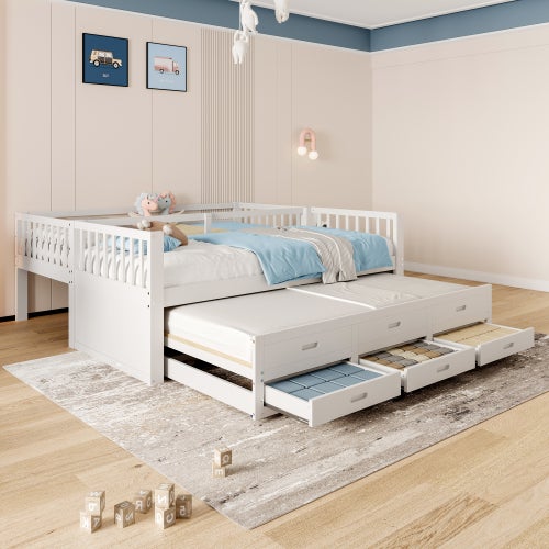 Lit superposé 90x200cm avec sommier à lattes, échelle, lit extensible et 3 tiroirs, en pin, blanc, sans matelas - 5