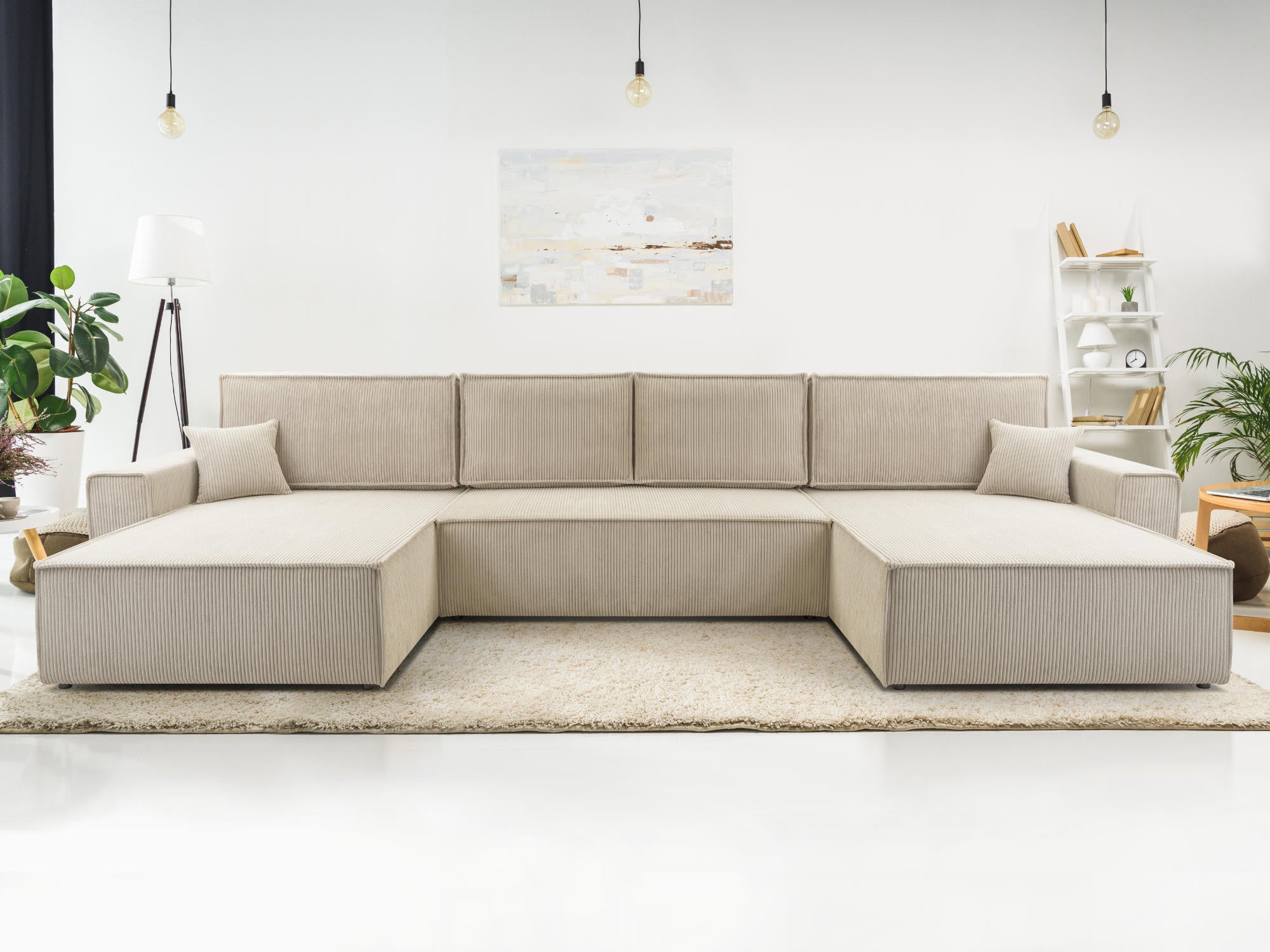 Canapé Panoramique 7 Places En U En Velours Côtelé Beige Mike | Maisons Du Monde