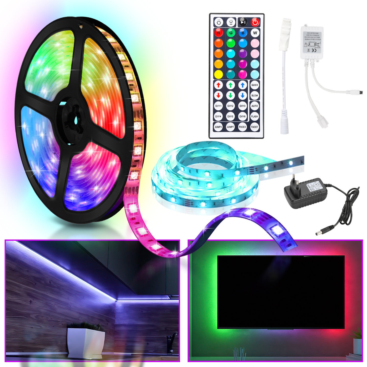 Taśma LED 3M 5050 SMD RGB, 90 diod LED z 44-klawiszowym pilotem zdalnego sterowania + zasilacz 12 V do ścianki tylnej na imprezy