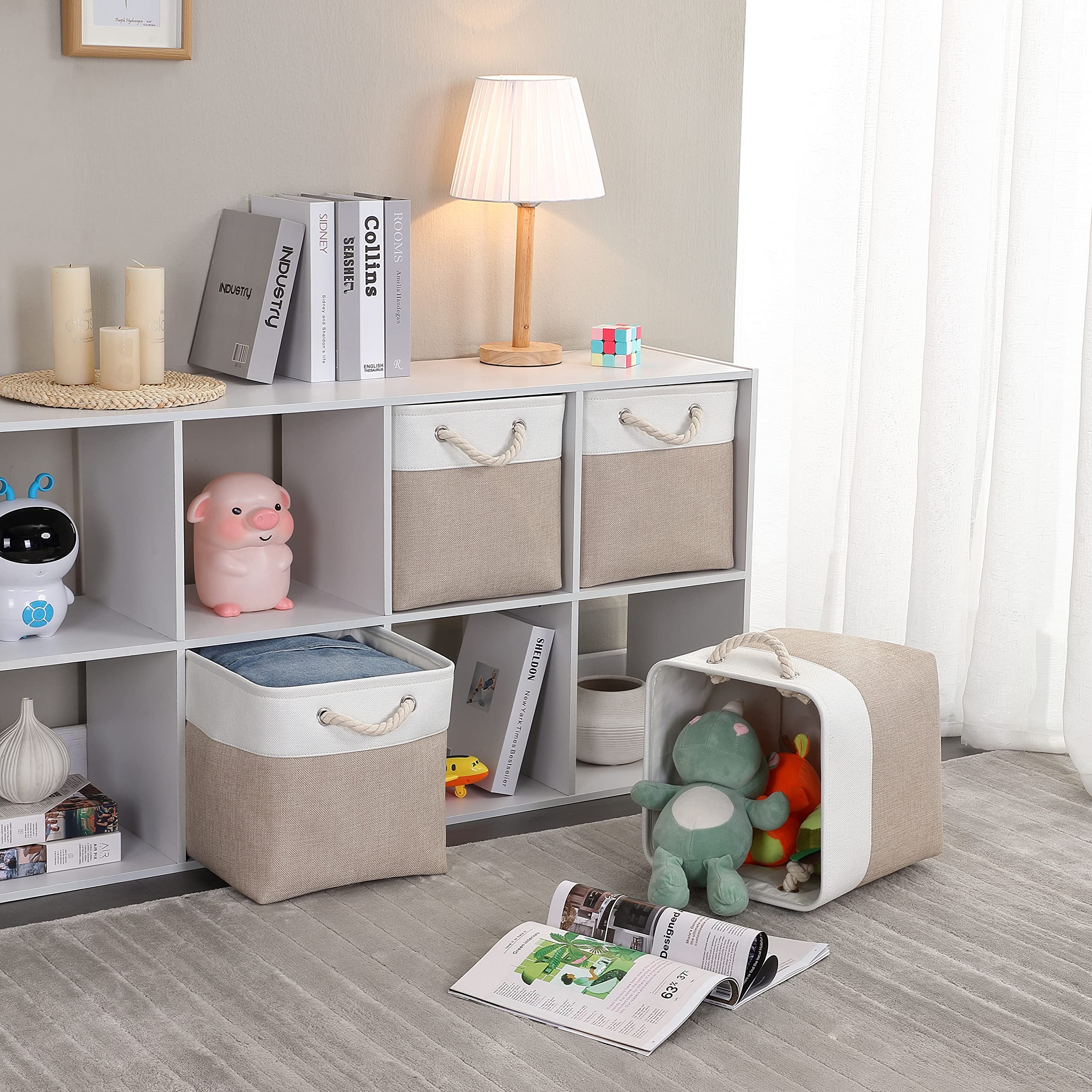 Cube de Rangement Tissu, Panier Cube de Rangement, (Blanc kaki clair, 28x28x28cm/3 Paquet) - 5
