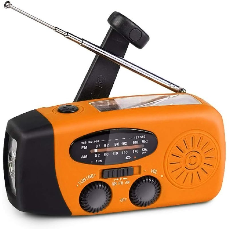 Przenośne awaryjne radio pogodowe zasilane energią słoneczną, ręczne radio survivalowe AM/FM z latarką LED, powerbank 2000 mAh, kolor pomarańczowy