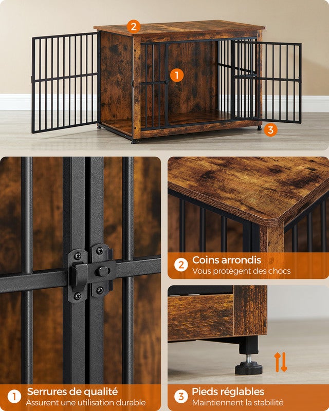 Meuble Cage Pour Chien, Table d'Appoint, Niche Moderne pour Chiens jusqu’à 32 kg, Maison de Chien à Double Porte, Marron Rustique - 7