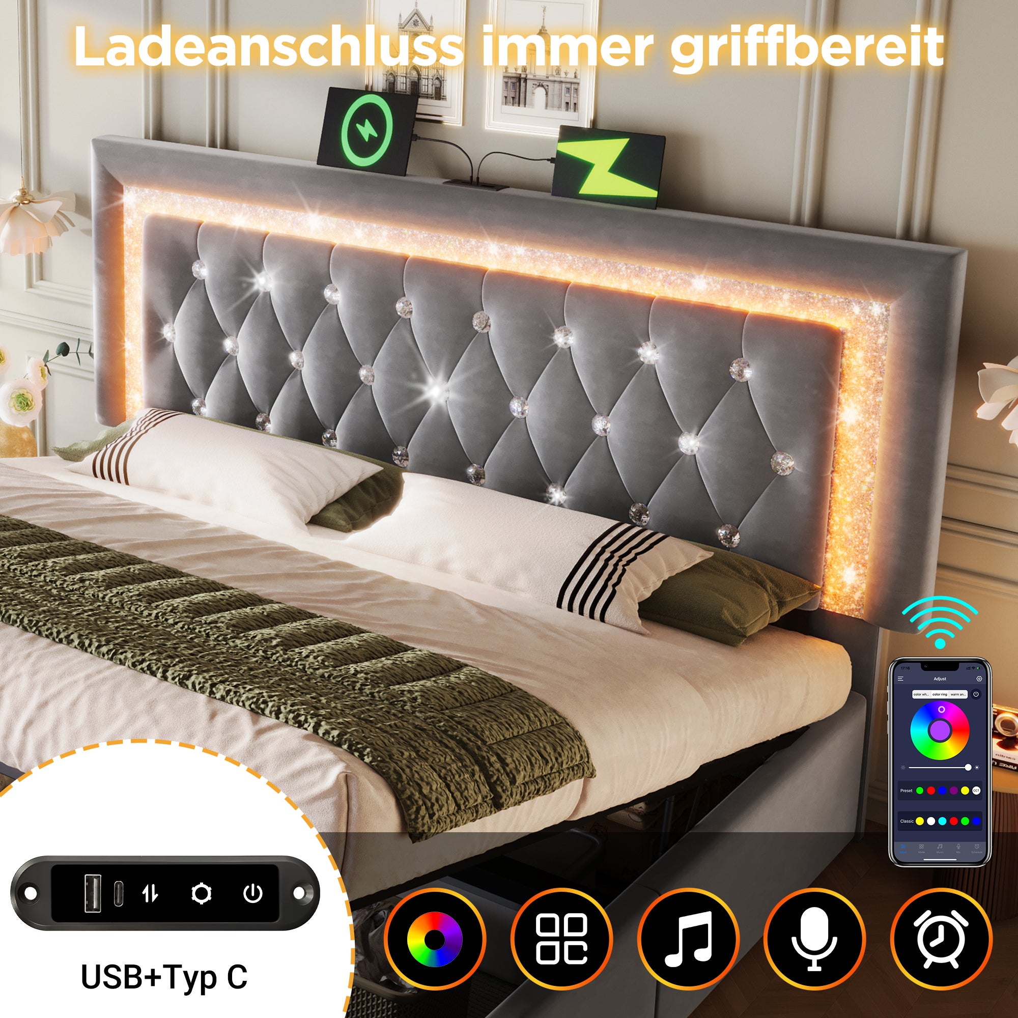 Łóżko z pojemnikiem na pościel 140 x 200 cm i zagłówkiem - Tkanina aksamitna - Diody LED - Porty USB i typu C - Szare (Materac w zestawie) - 4