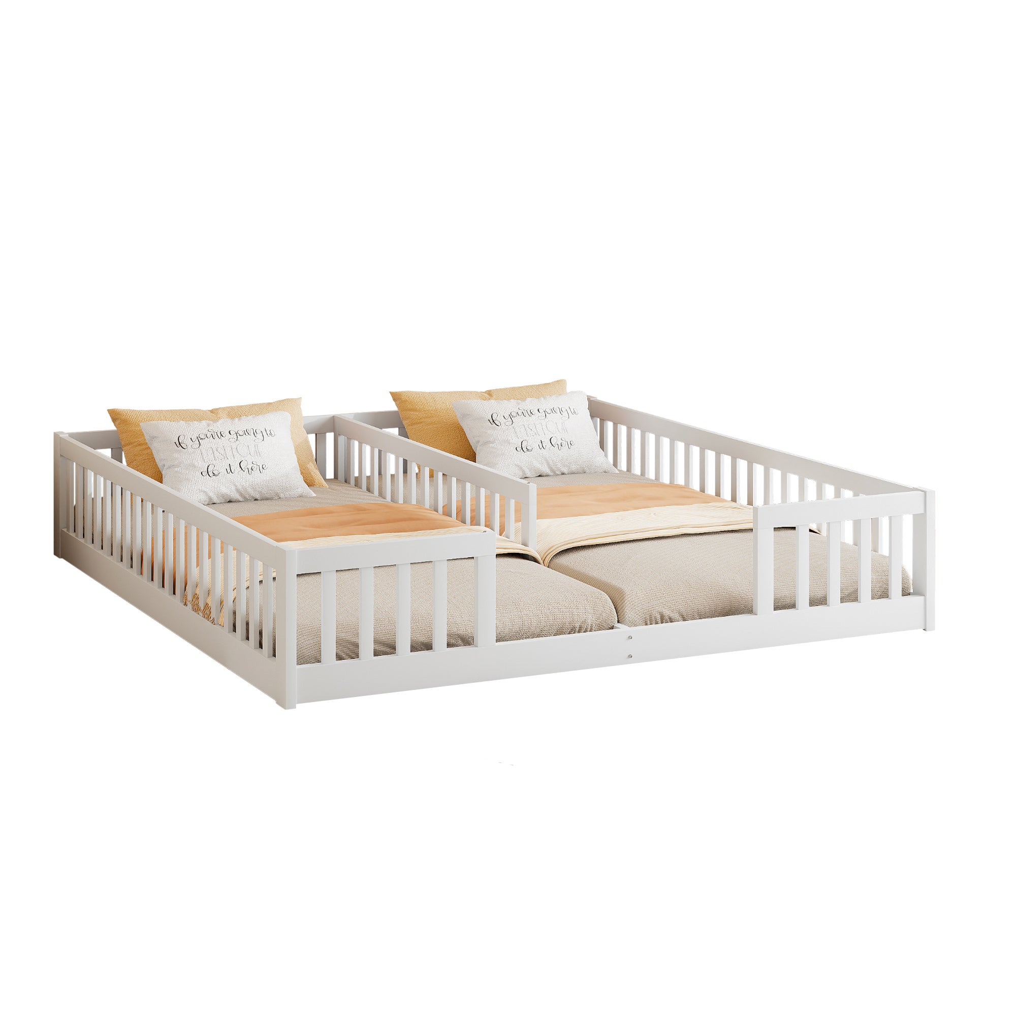 Lit enfant 2 x 90 x 200 cm avec barrières - Bois de pin + MDF - Style simple - Blanc (sans sommier et matelas) - 6