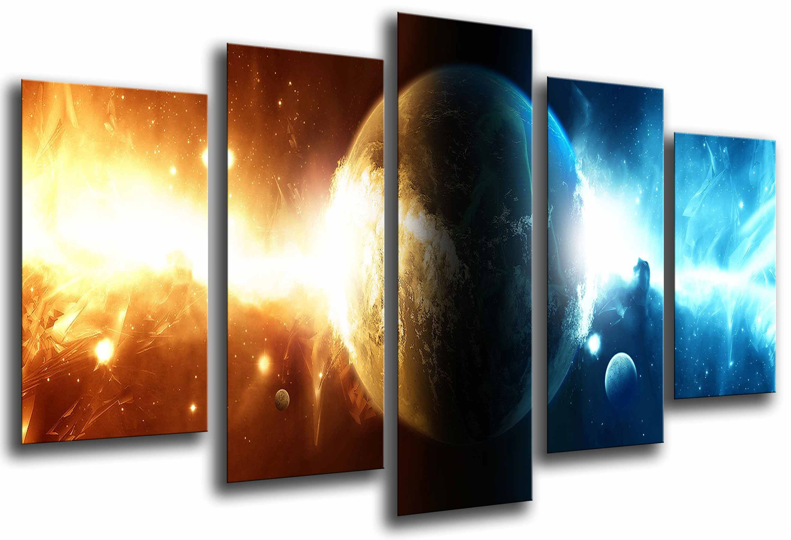 Planeta luz azul y naranja en el espacio, impresión fotográfica sobre madera, cuadro moderno decorativo