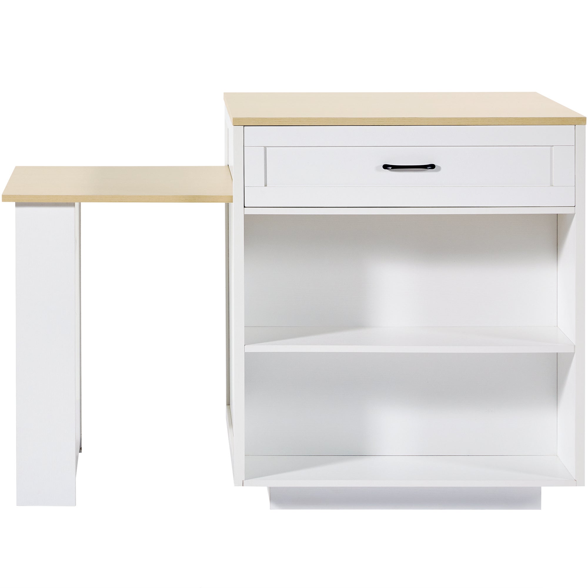 Ilot central de cuisine, table à manger 4 à 6 couverts - 2 tiroirs, 2 portes et étagères - 133/202 x 70 x 93.5 cm - MDF - Blanc - 9