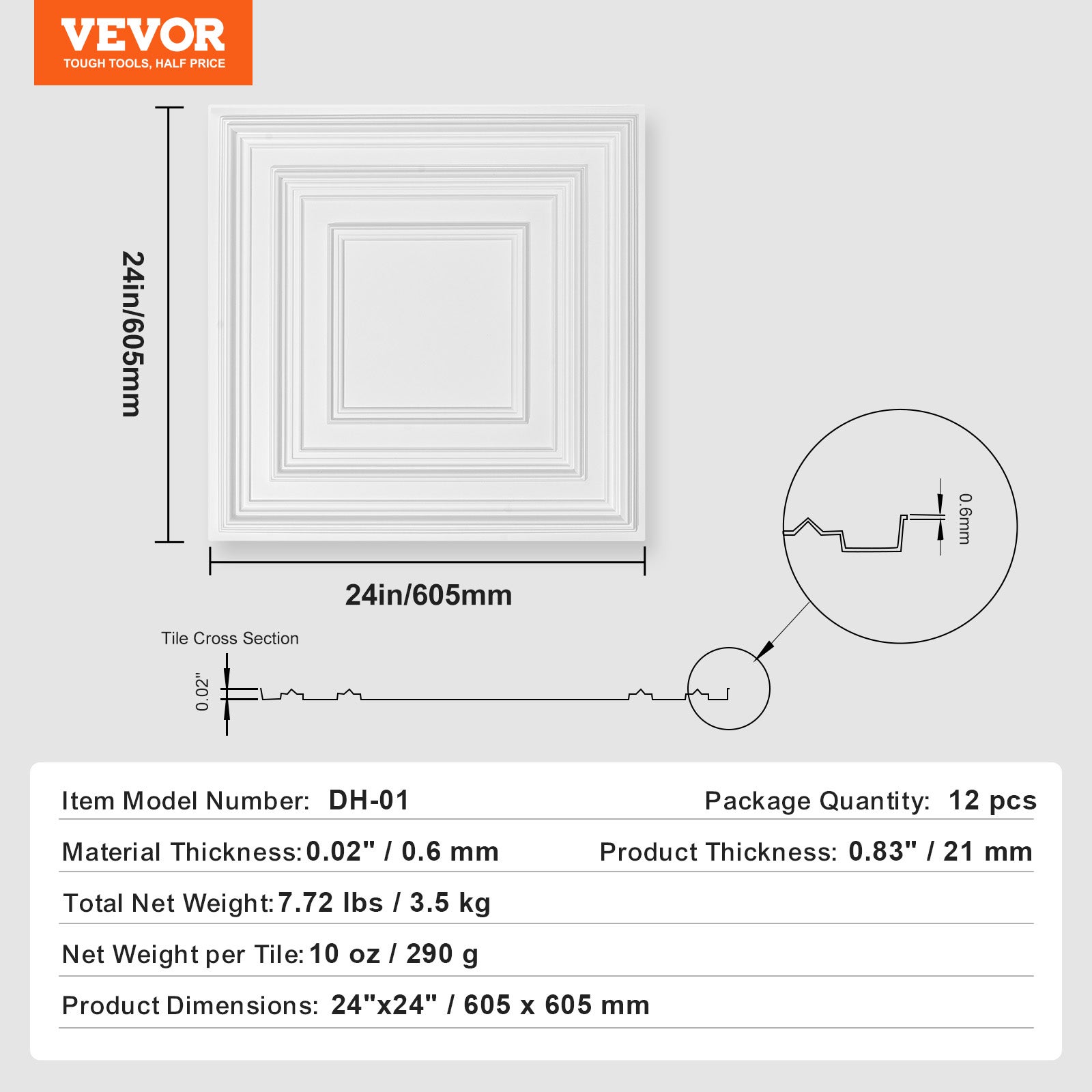 Dalles de Plafond PVC VEVOR, Lot de 12, Plaques Décoratives 605 x 605 mm à Coller, Revêtement Blanc Texturé 3D - 7