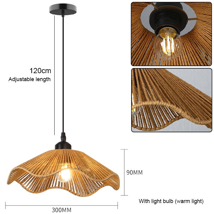 Lustre bohème avec ampoule, suspension en rotin faite main, lustre de chevet vintage, Plafonnier suspendu, lumière chaude 3000K, φ30cm - 5